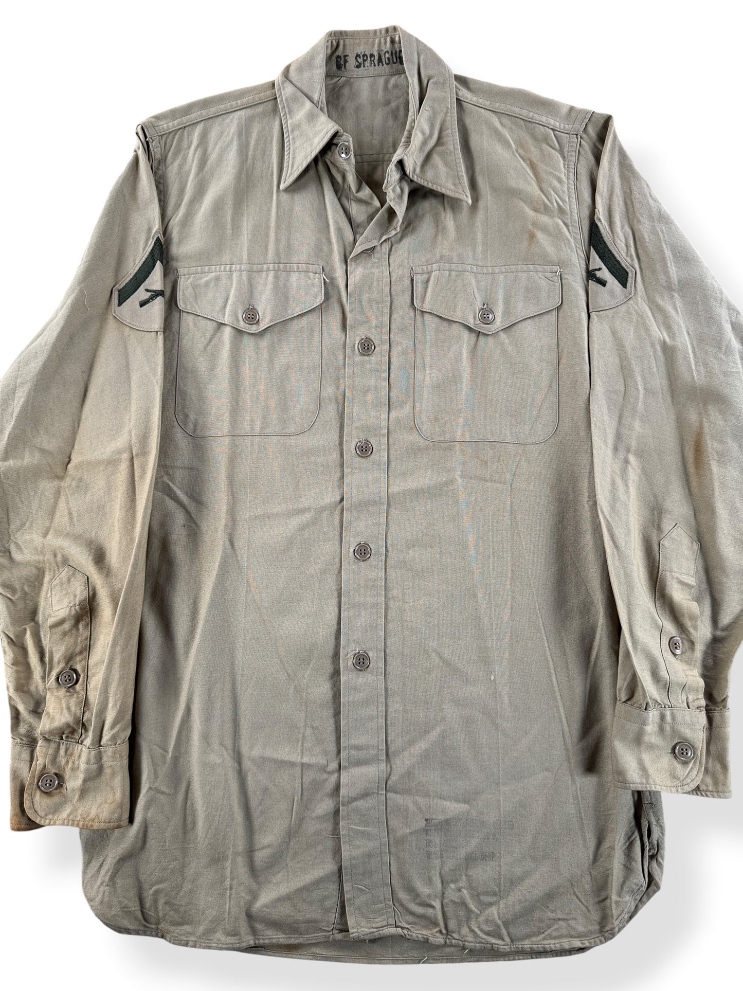 Front Close Up of Vintage Vietnam Era US Army Button Up Shirt SZ S