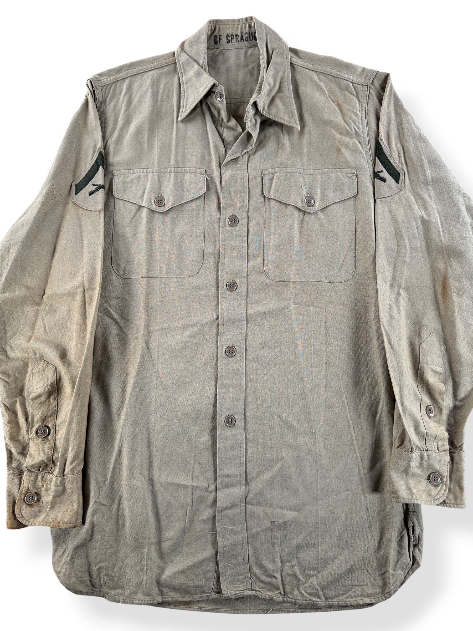 Front Close Up of Vintage Vietnam Era US Army Button Up Shirt SZ S
