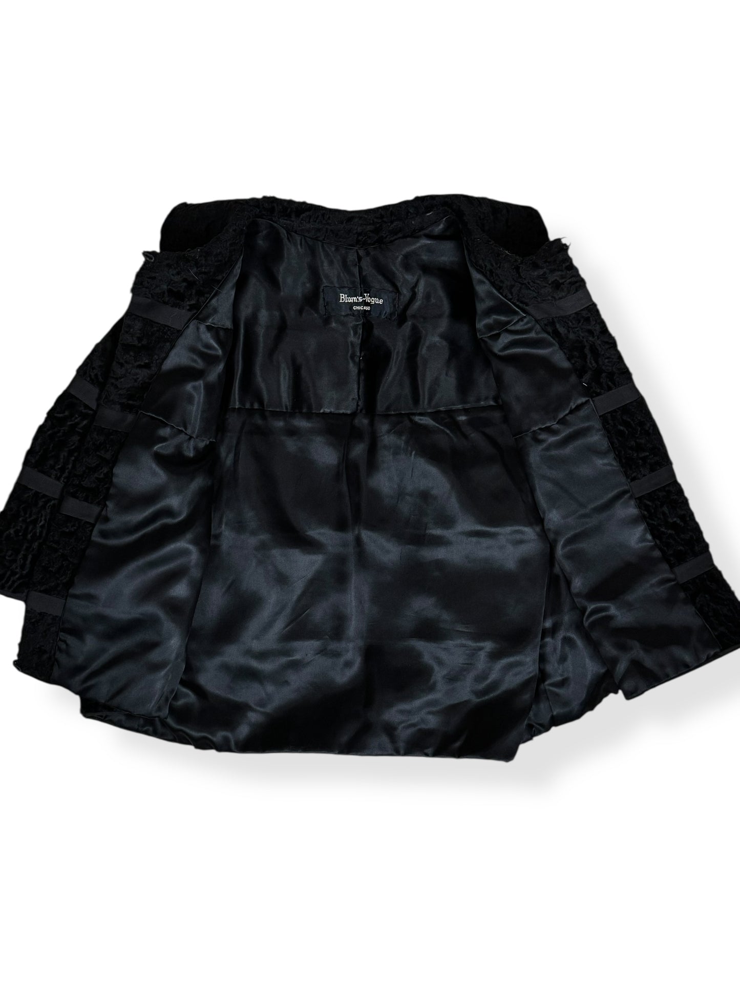 Open view of 1950s Blum's-Vogue Lamb's Fur Cropped Jacket L