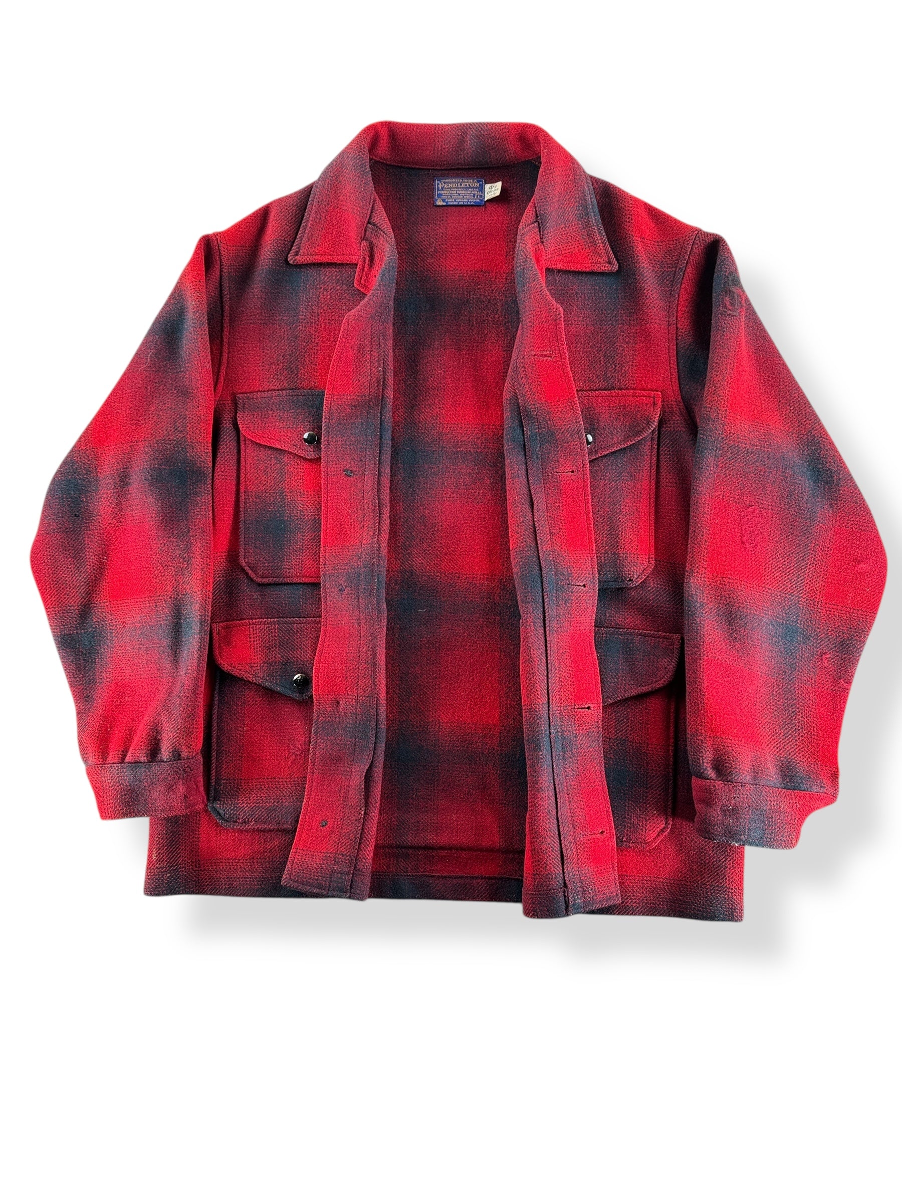 Inside of Vintage Pendleton Red & Black Shadow Plaid Mackinaw Jacket SZ L AS IS