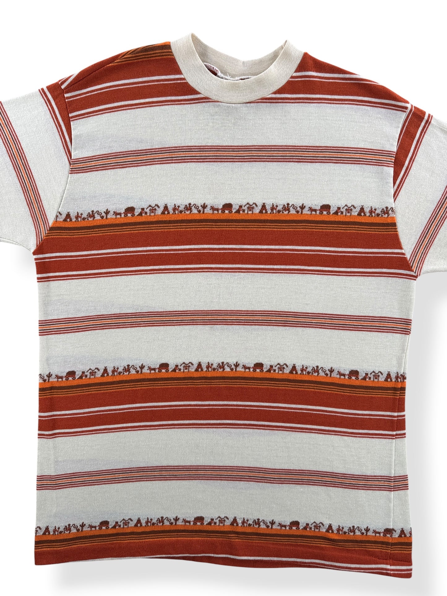 Front Close Up of Vintage Campus Thumbs Up Oregon Trail Striped Tee SZ XL (Fits M)