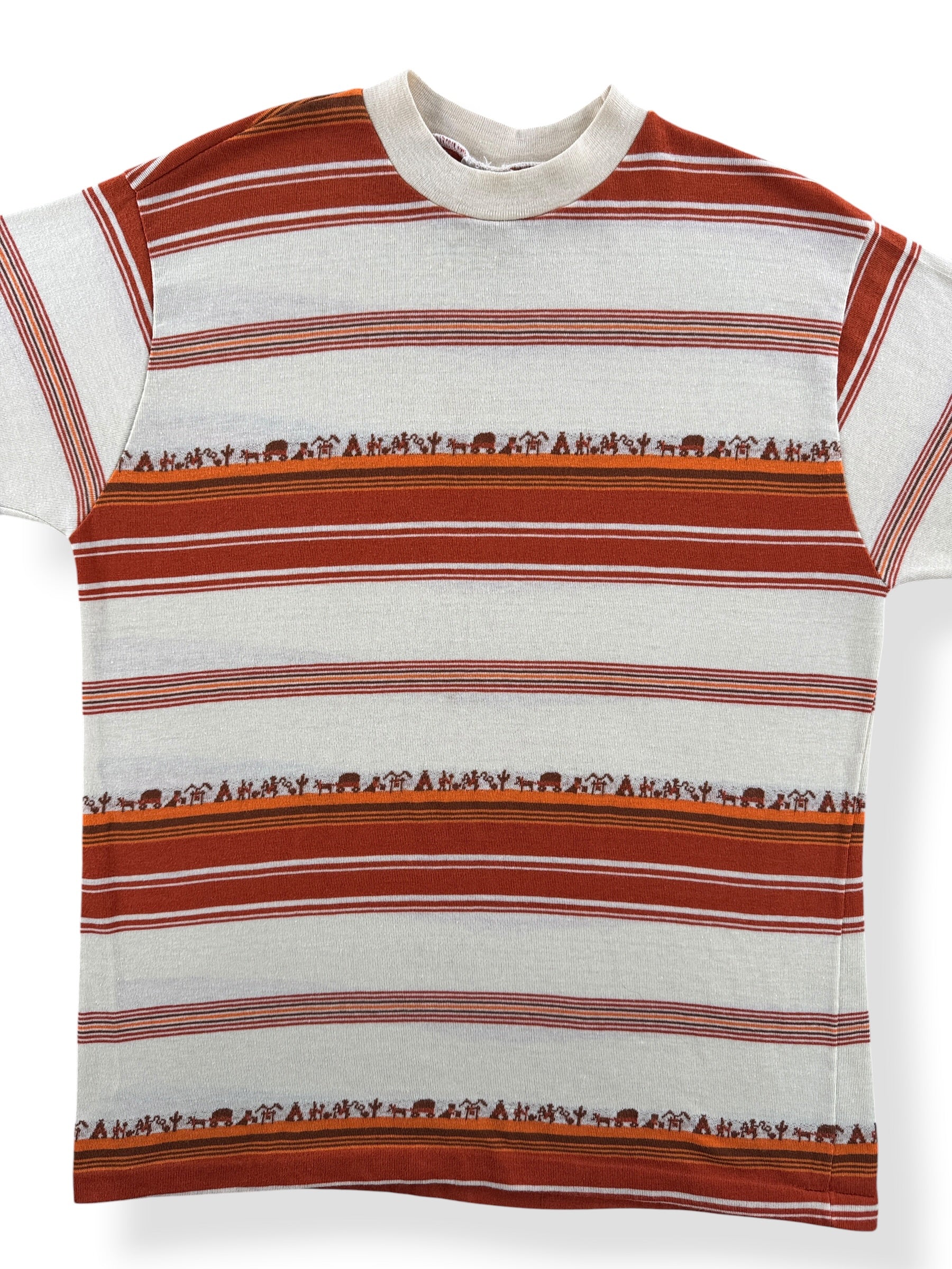 Front Close Up of Vintage Campus Thumbs Up Oregon Trail Striped Tee SZ XL (Fits M)