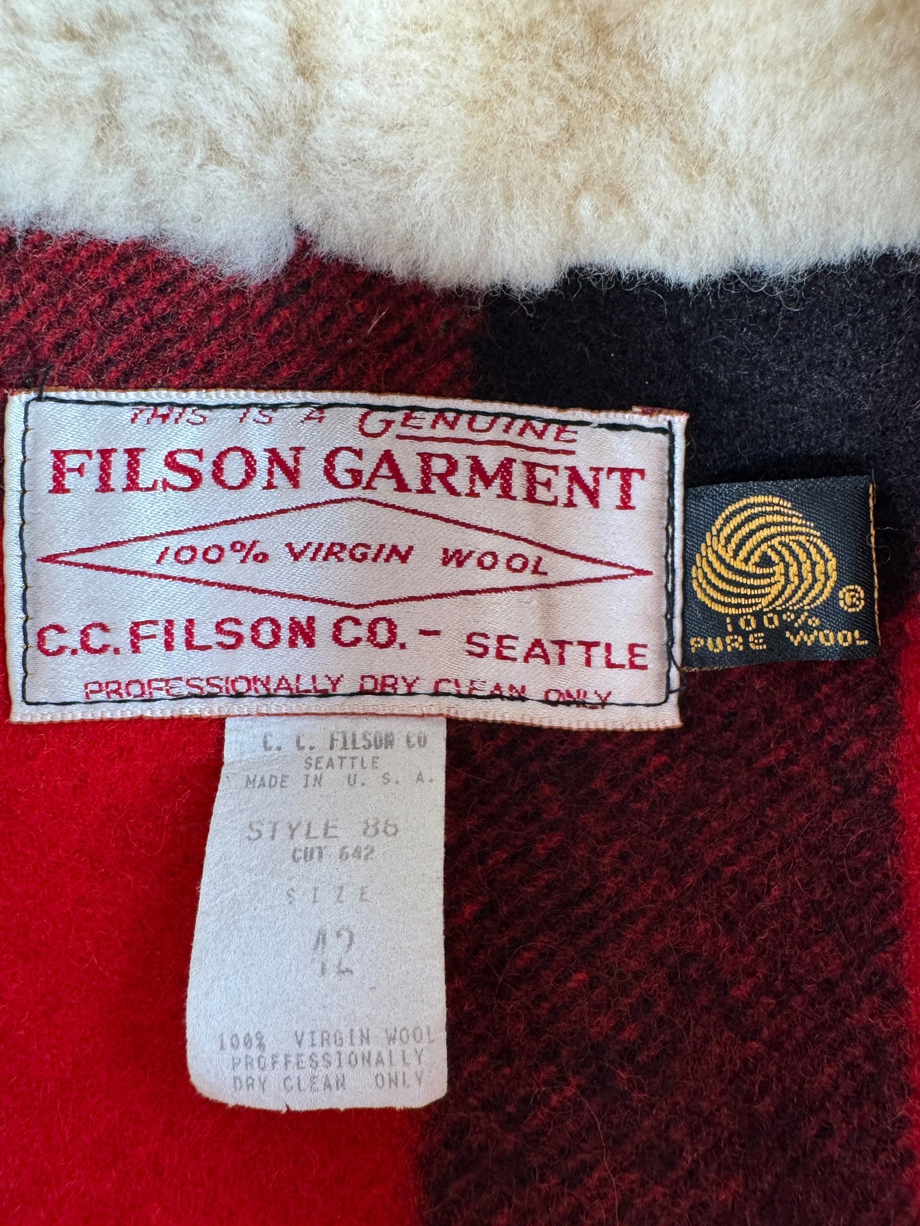 Tag on Vintage 80s Era Filson Wool Packer Coat SZ 42
