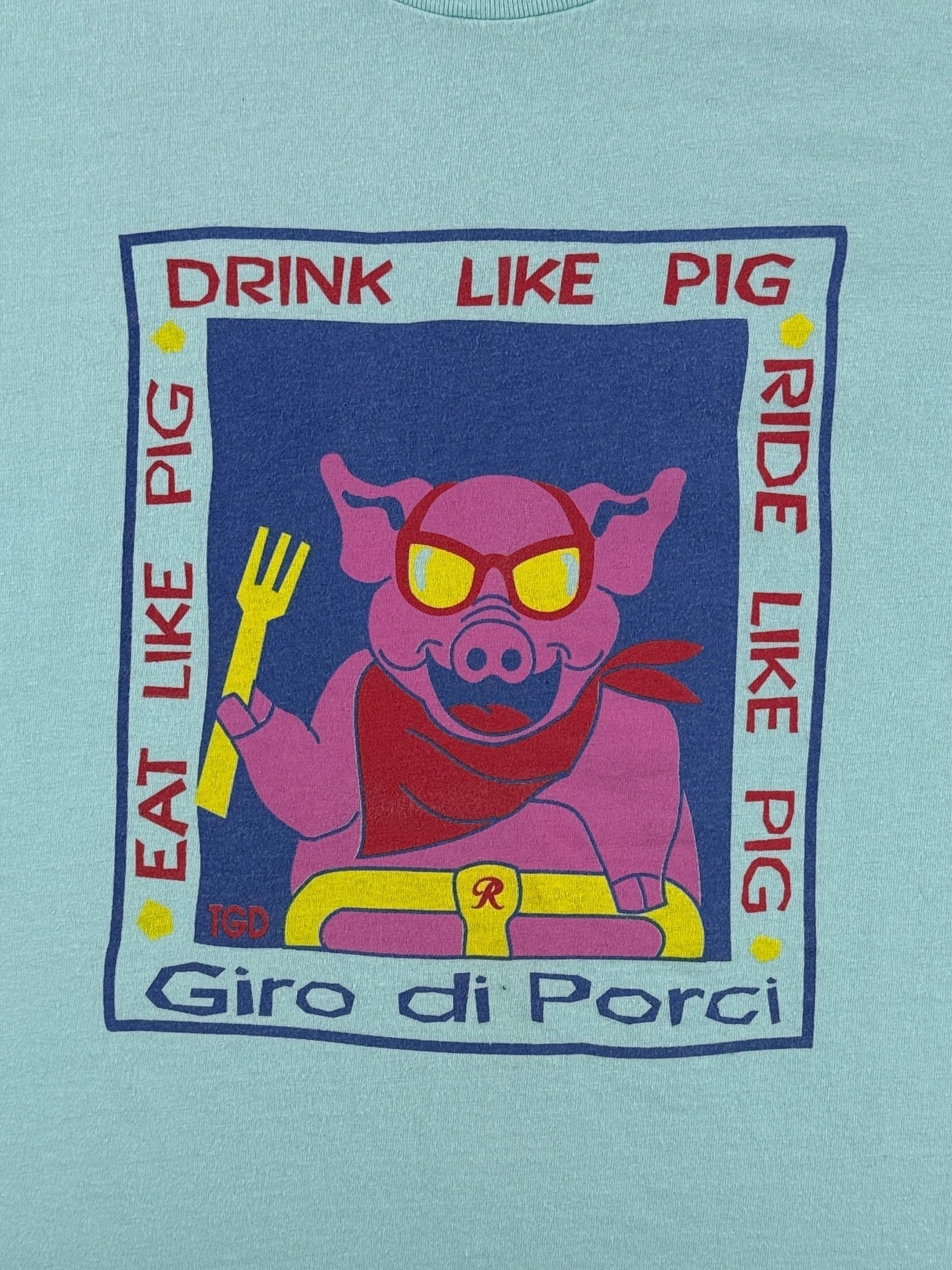 Front Graphic of Vintage Drink Like Pig Giro Di Porci Tee SZ L