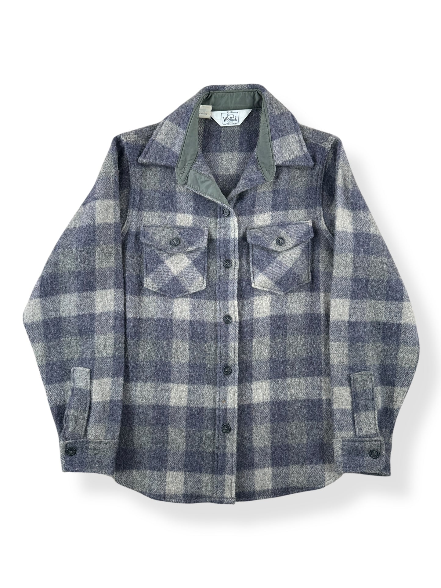 Front of Vintage Woolrich Woman Grey Plaid Shirt Jac SZ 12