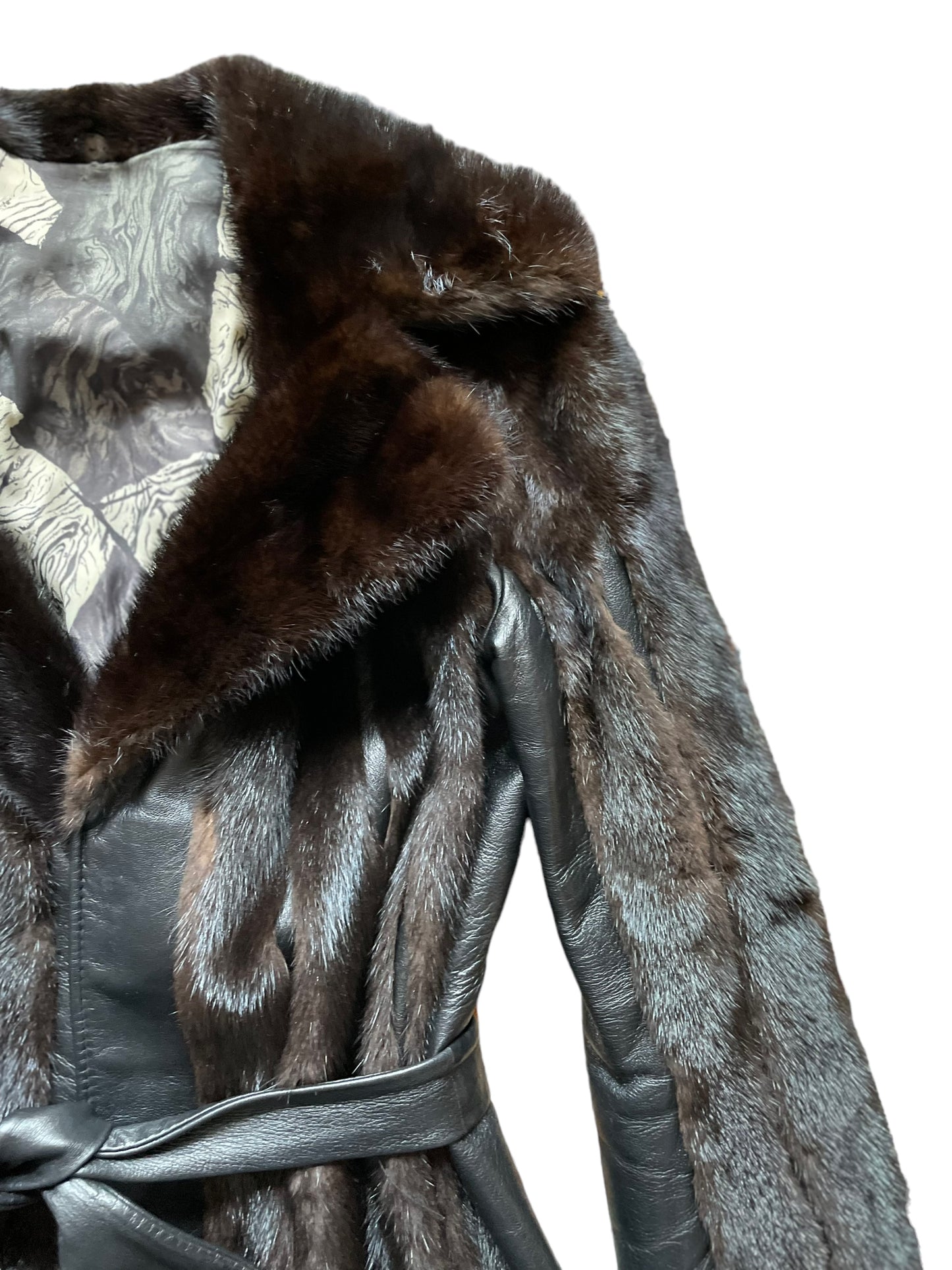 Front left shoulder view of Vintage 1940s-50s Leather and Fur Belted Coat SZ M-L | Seattle True Vintage | Barn Owl Vintage Coats