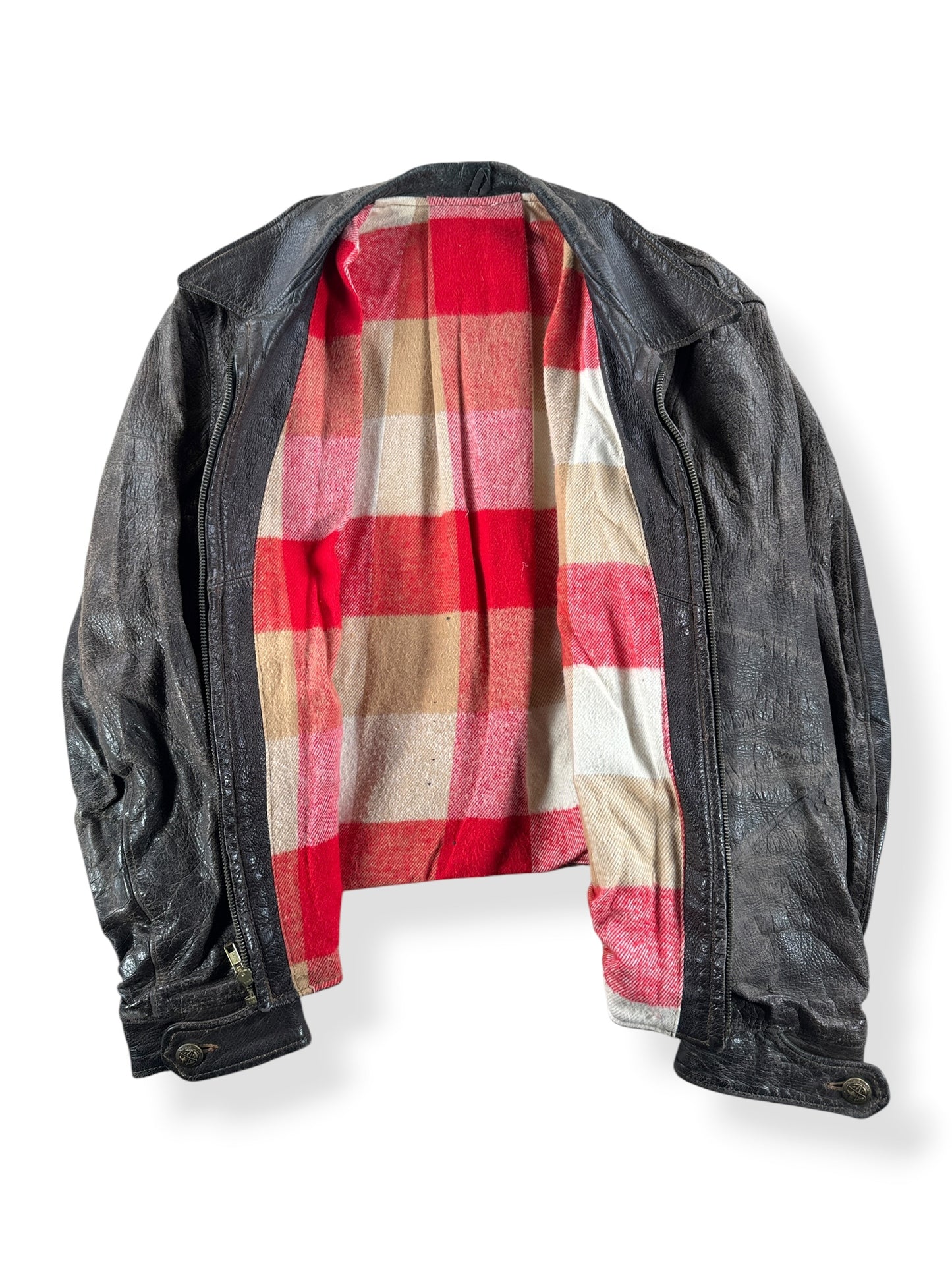 Inside of Vintage Unbranded Flannel Lined Goatskin Leather Jacket SZ L