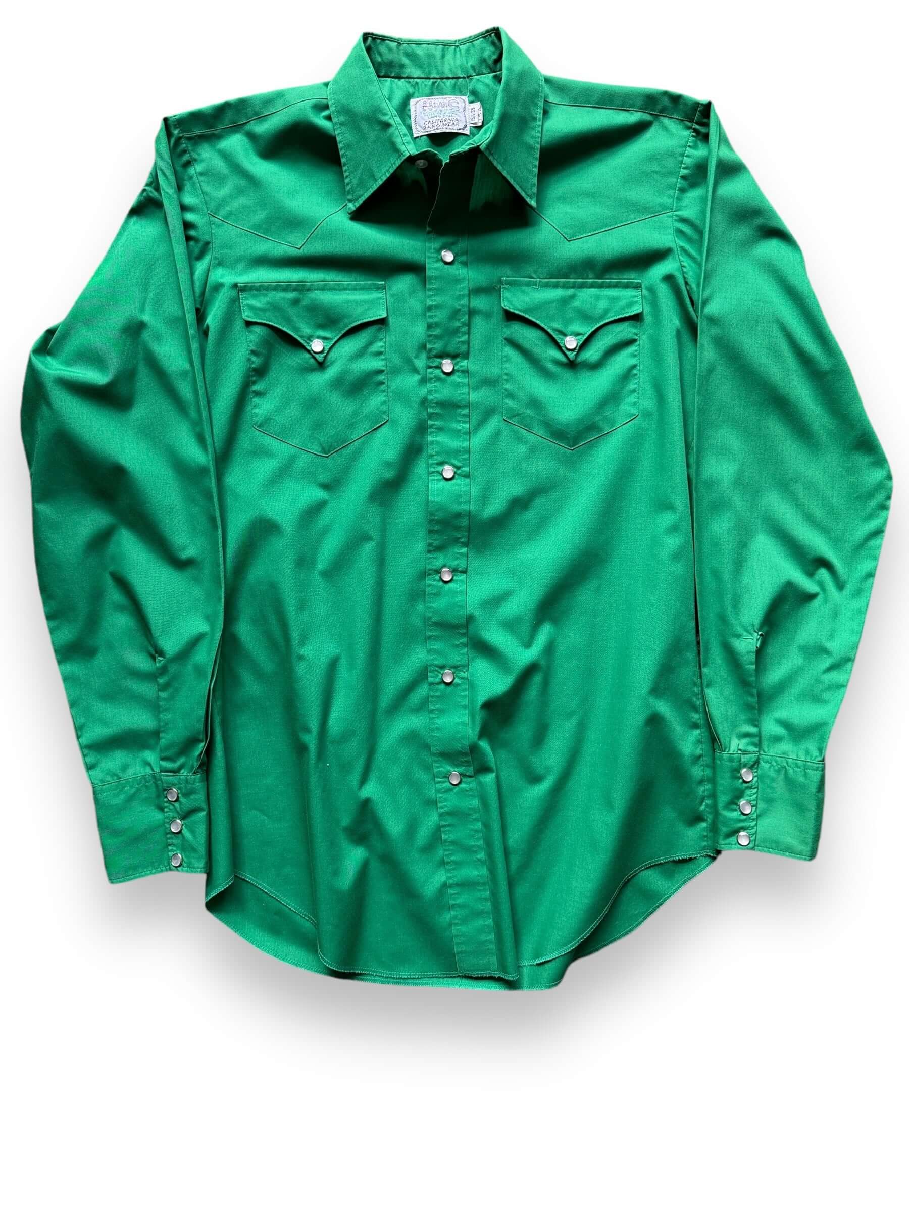 Front Detail on Vintage “H Bar C” Green Pearl Snap Western Shirt SZ 15 1/2