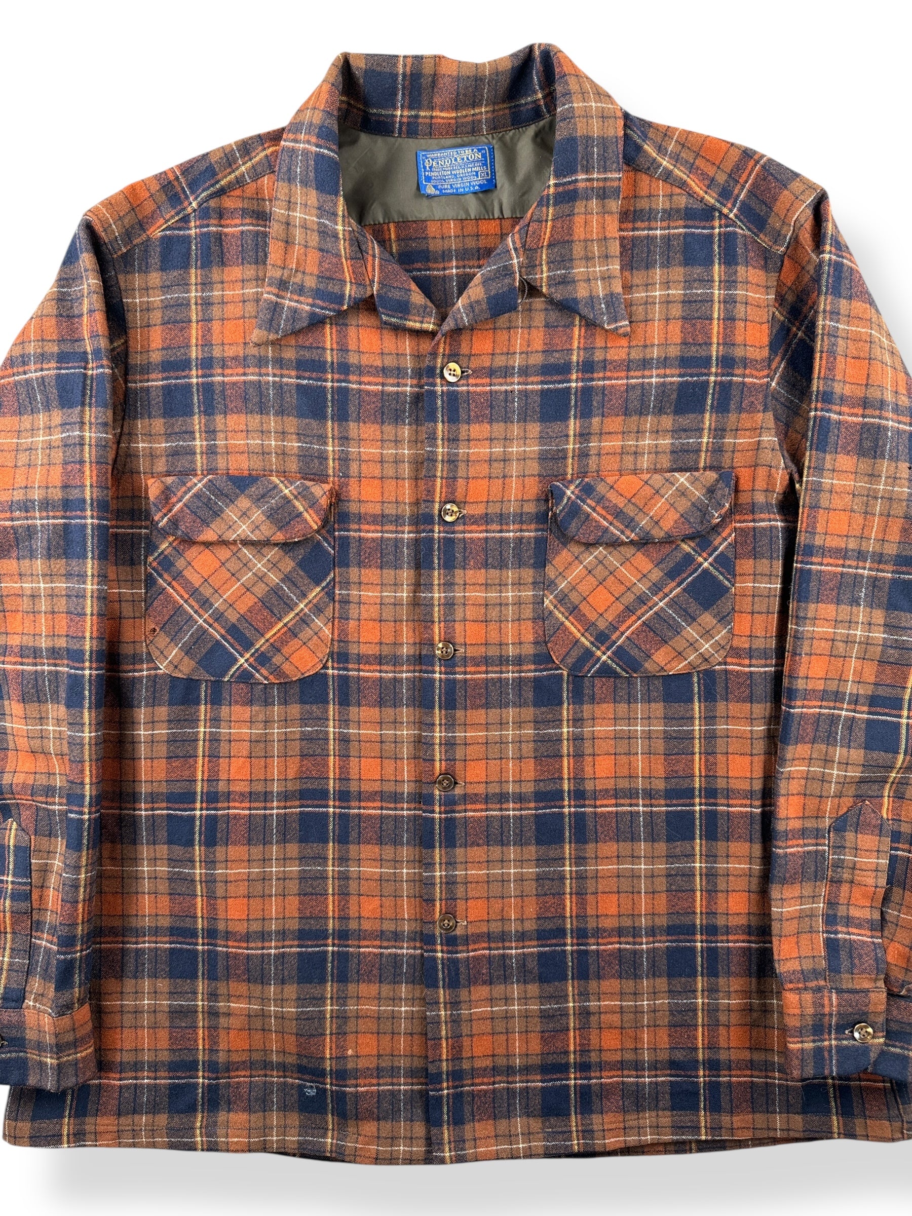 Front Close Up of Vintage 60s Pendleton Loop Collar Board Shirt SZ XL
