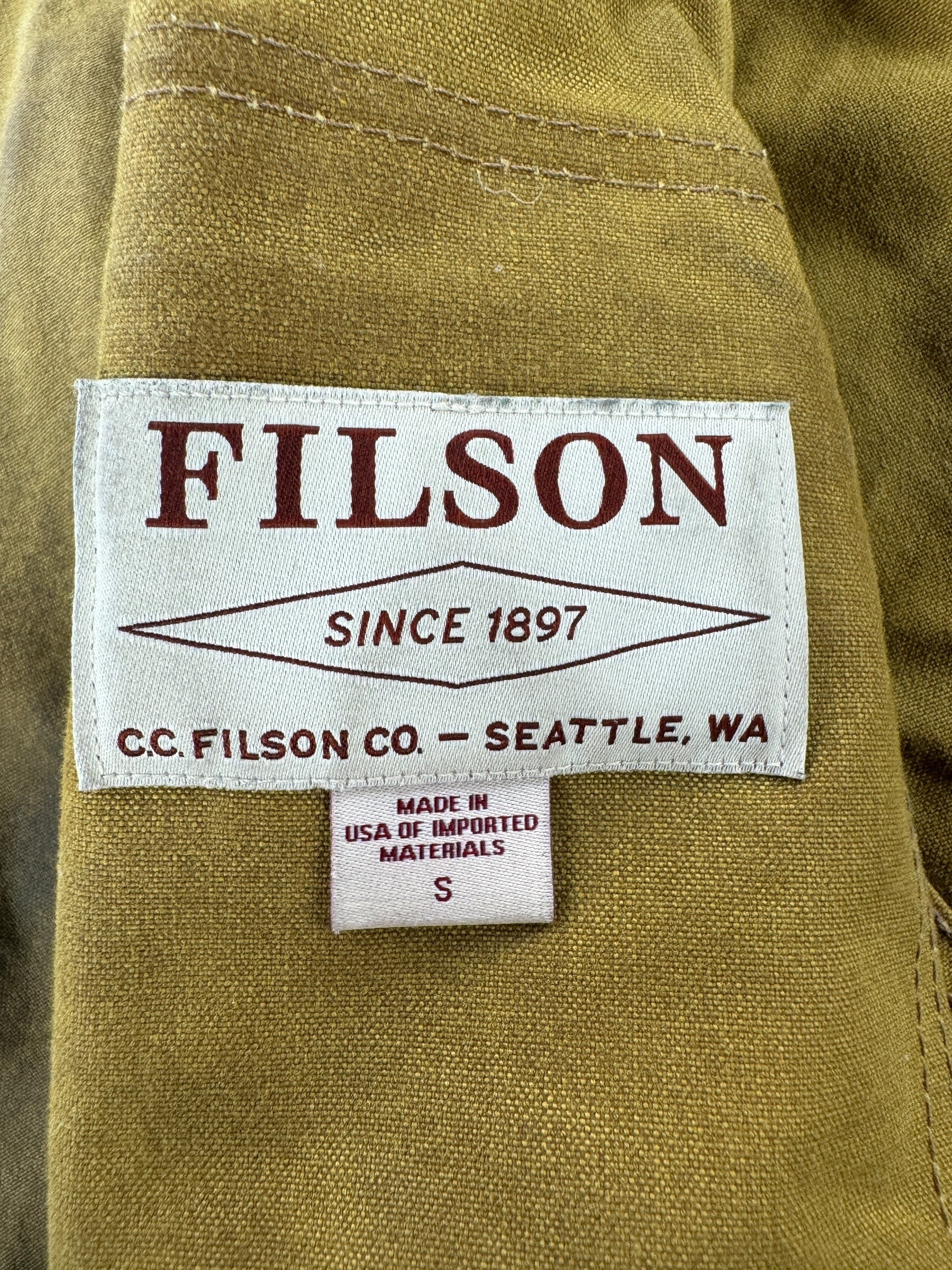 Tag on Modern Filson Dark Tan Tin Cloth Jacket SZ S