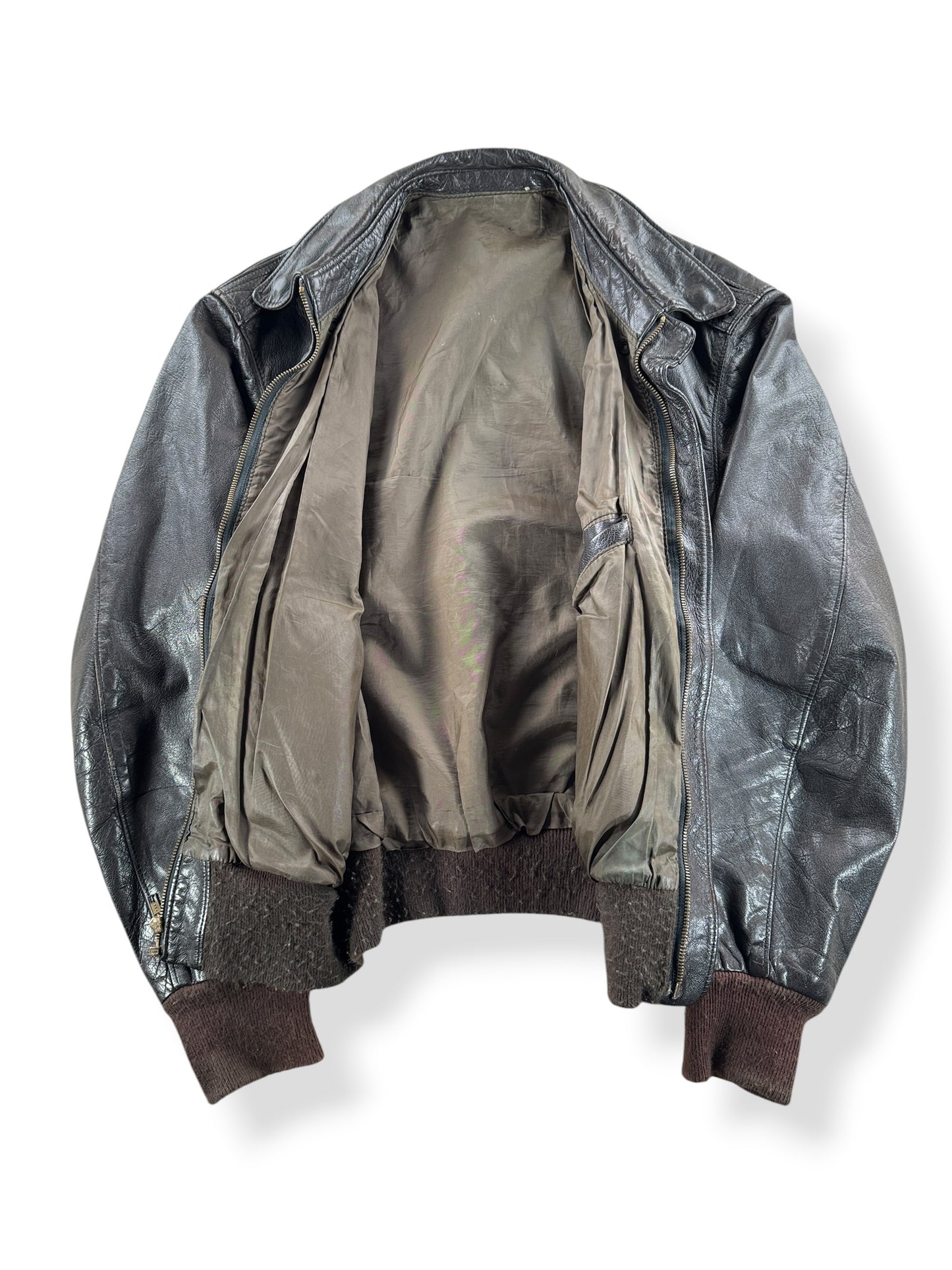 Inside of Vintage A-2 Style Leather Bomber Jacket SZ 44 AS IS