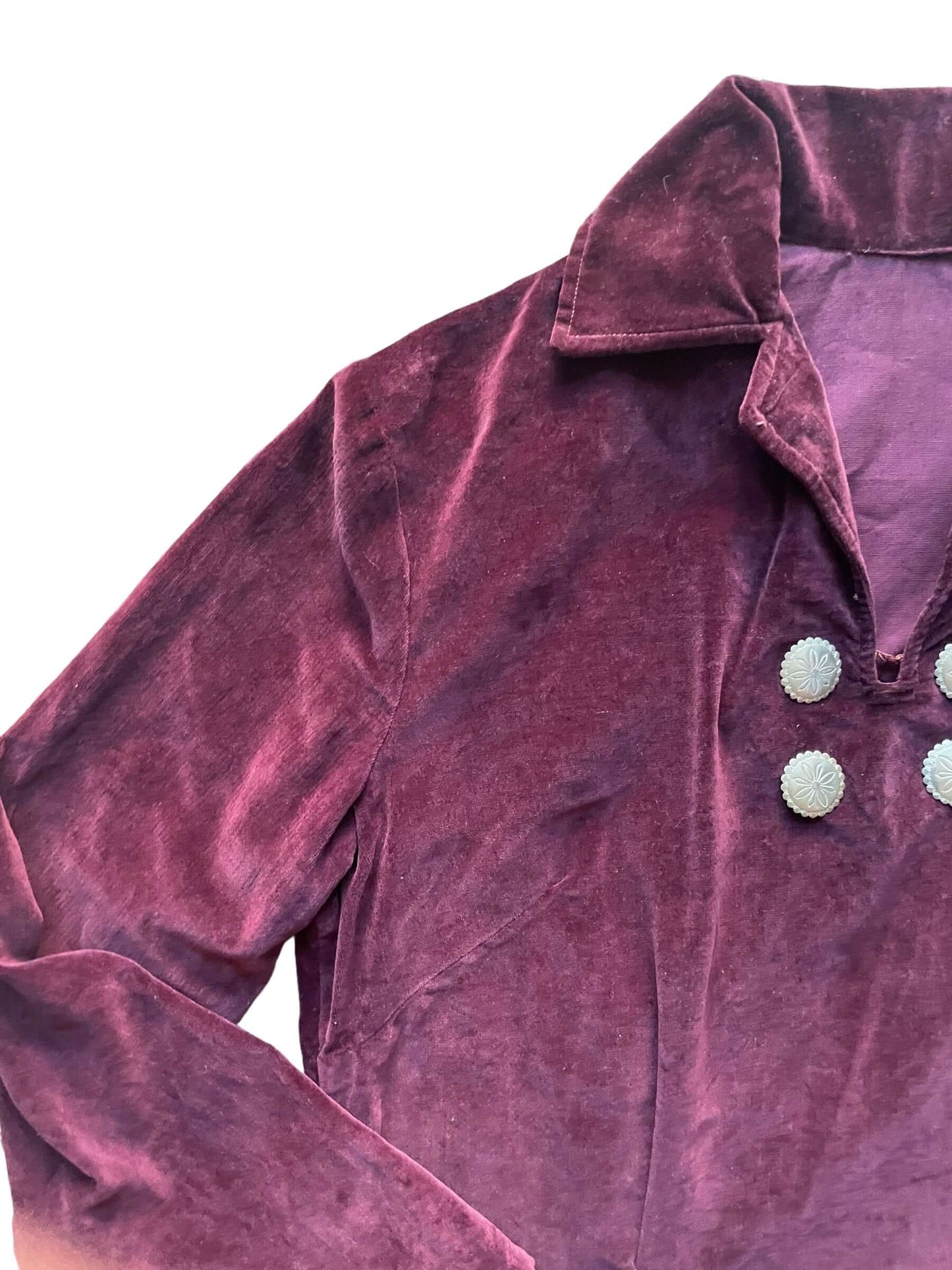 Right shoulder 1950s Burgundy Velvet Top with Silver Concho Buttons