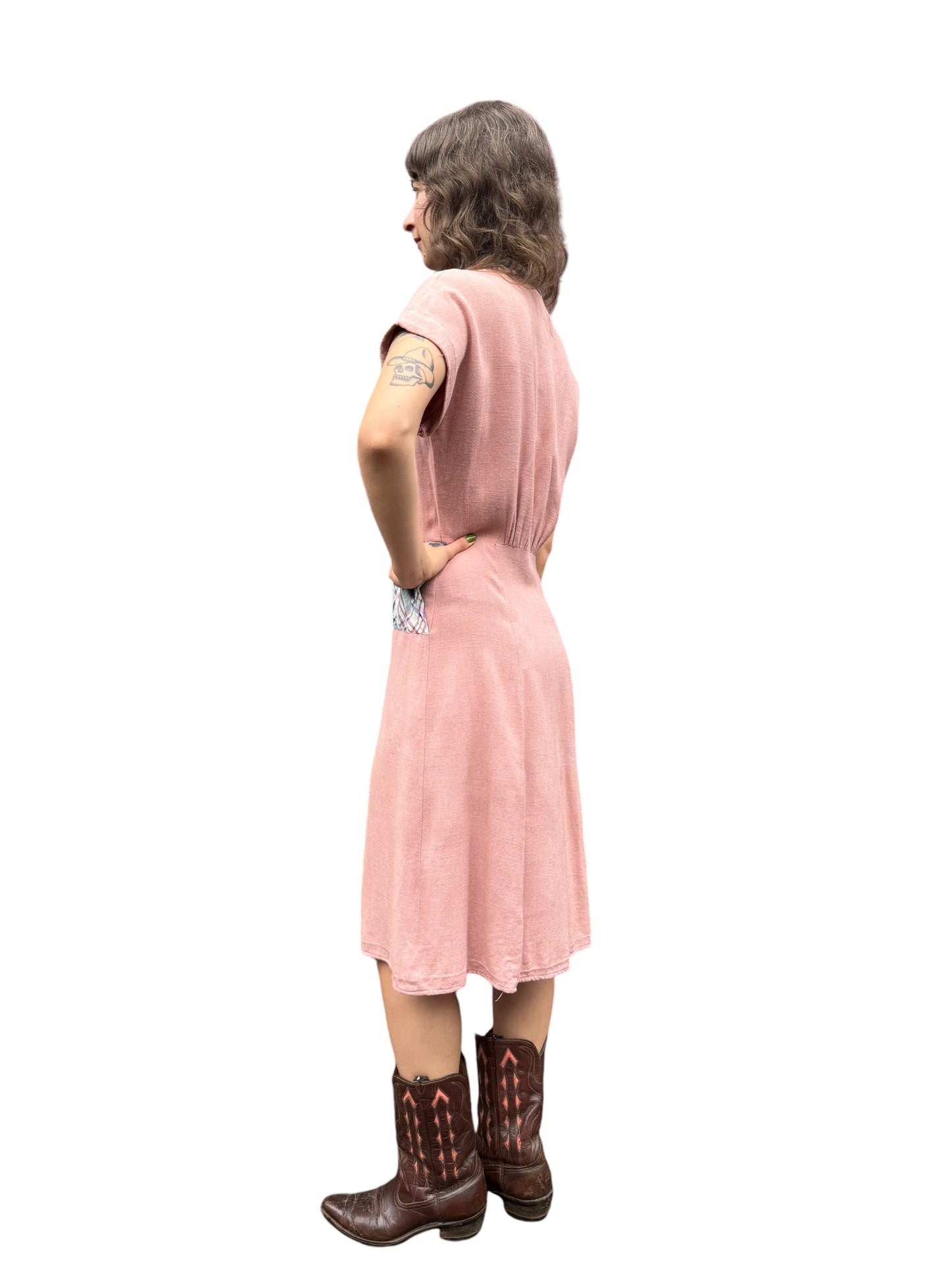 Side view of 1940s Radlo's Pink Cotton Dress with Plaid Pockets S-M