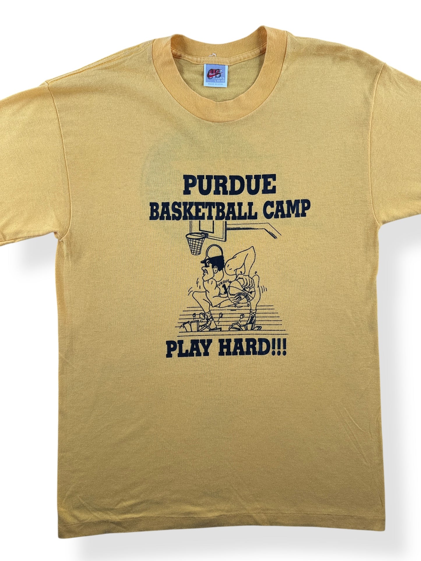 Front Close Up of Vintage Nike Grey Tag Purdue Basketball Camp Tee SZ L (Fits M)