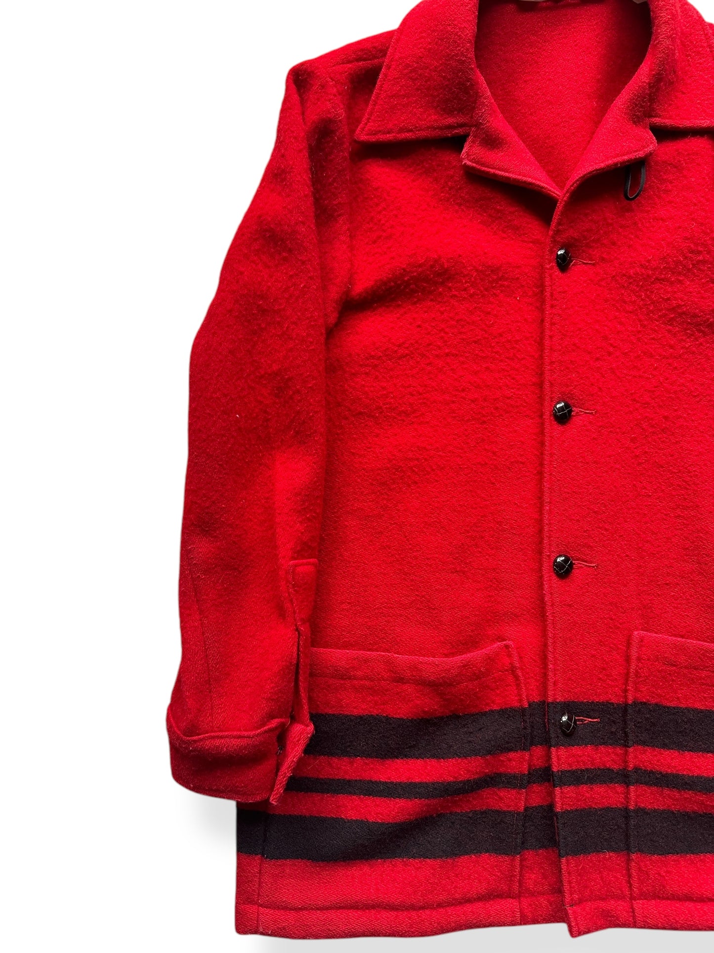 Front Right of Vintage Woolrich Striped Red Blanket Coat SZ M