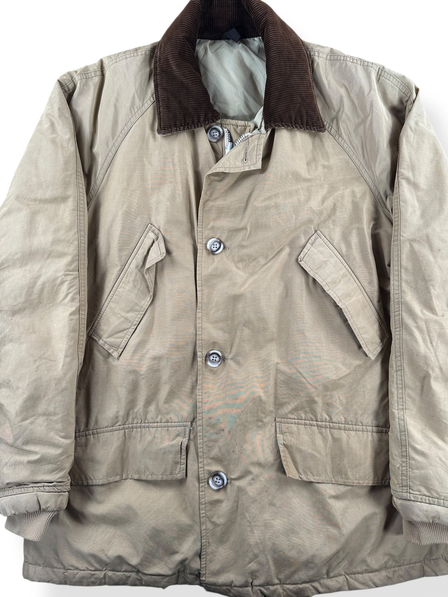 Front Close Up of Vintage L.L. Bean Script Era Down Mackinaw Jacket SZ L