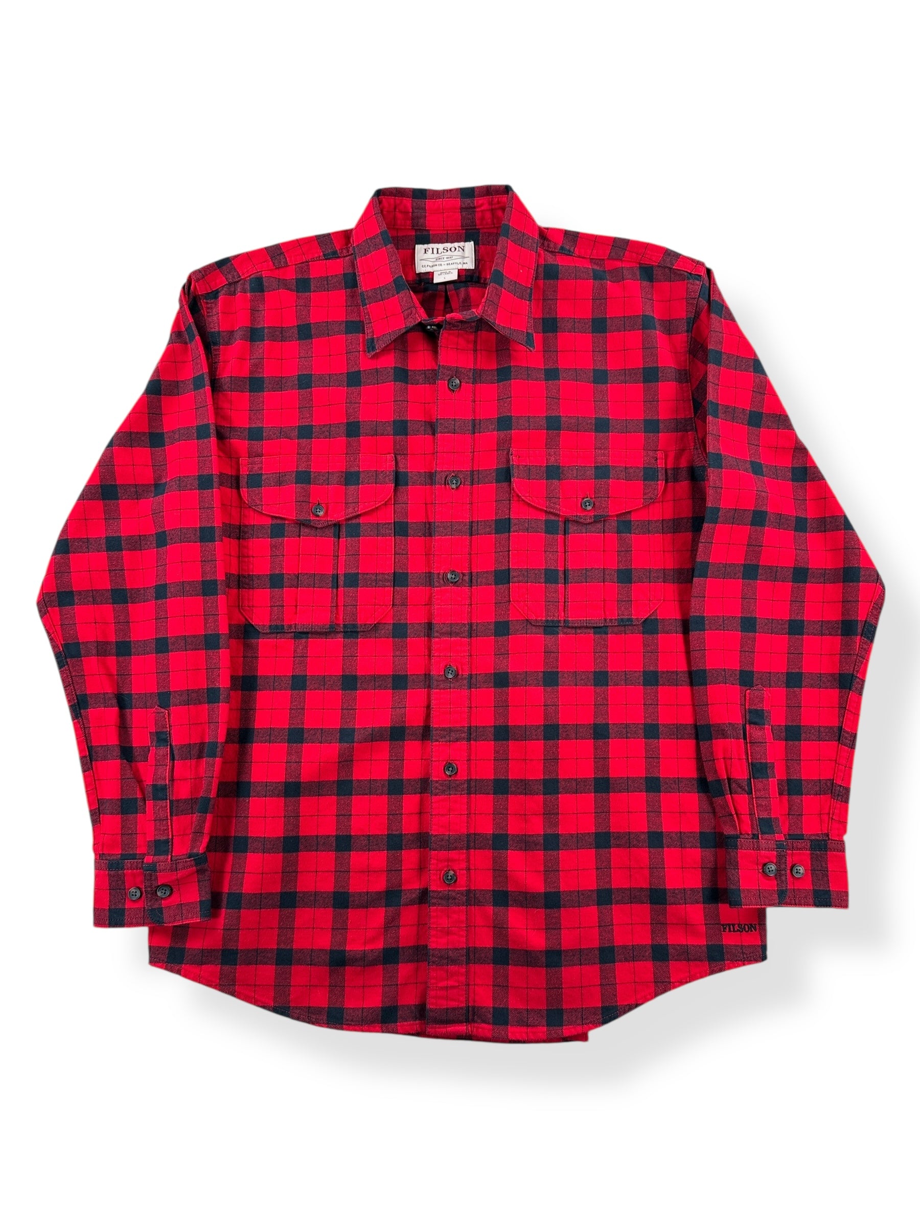 Front of Filson Red & Black Alaskan Guide Shirt SZ L