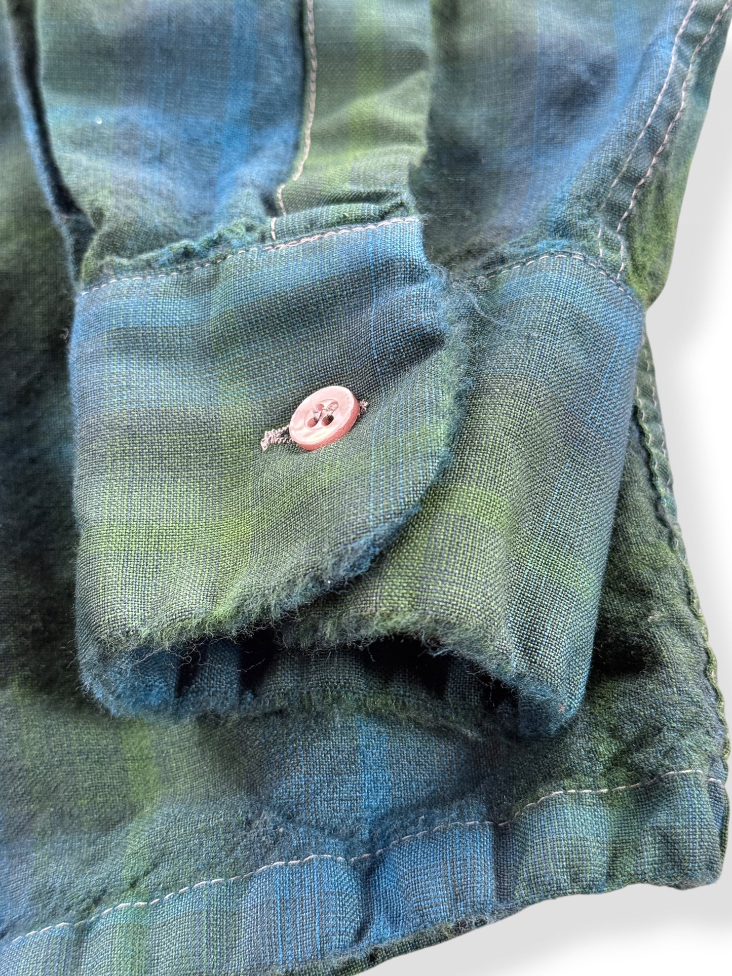 Fraying cuff on Vintage Woolshire Shadow Plaid Loop Collar Shirt SZ M - AS IS