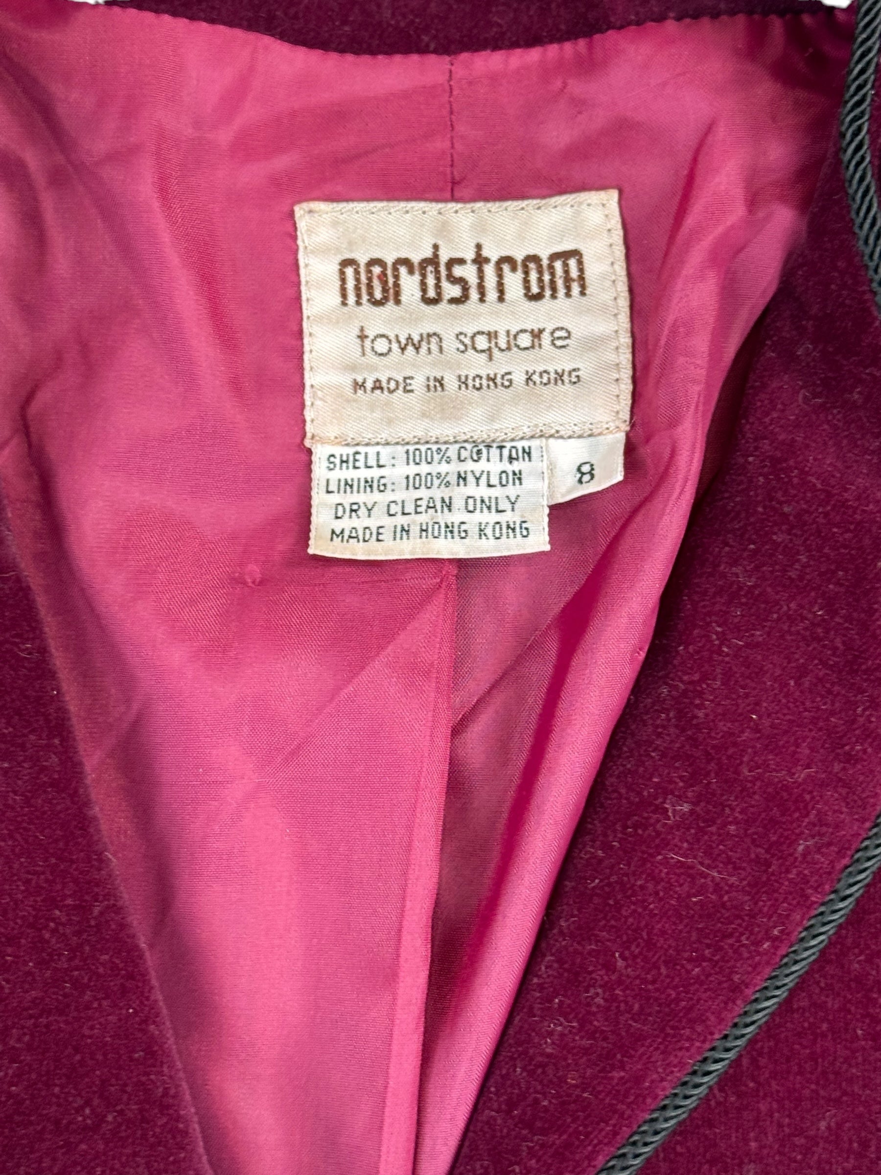 Tag view of 1980s Burgundy Velvet Nordstrom Blazer M