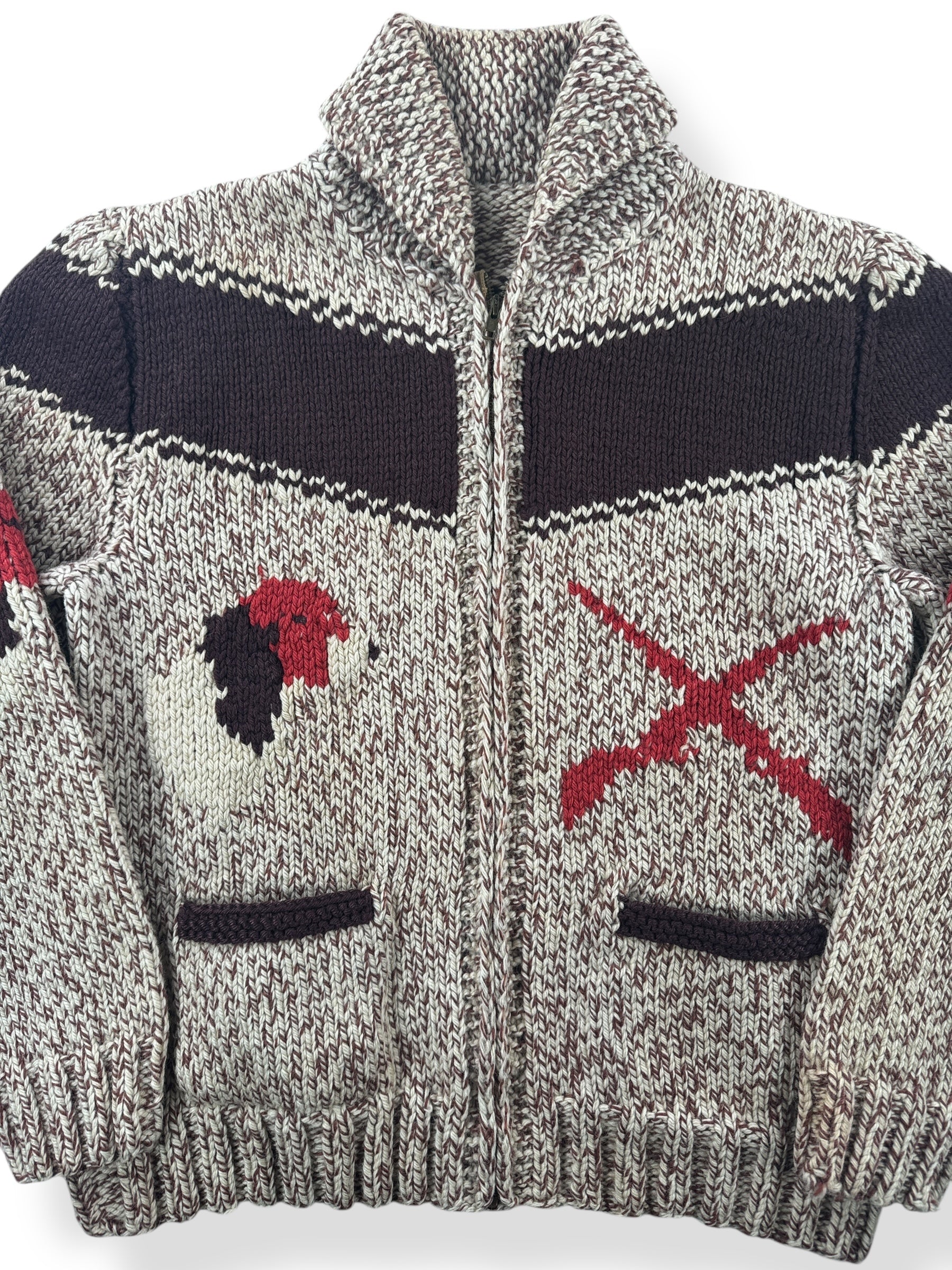 Front Close Up of Vintage Mary Maxim Beagle Cowichan Style Sweater SZ M