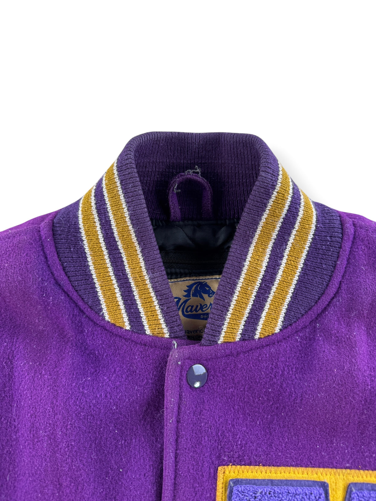 Collar on Vintage Maverick UW Distressed Varsity Jacket SZ L