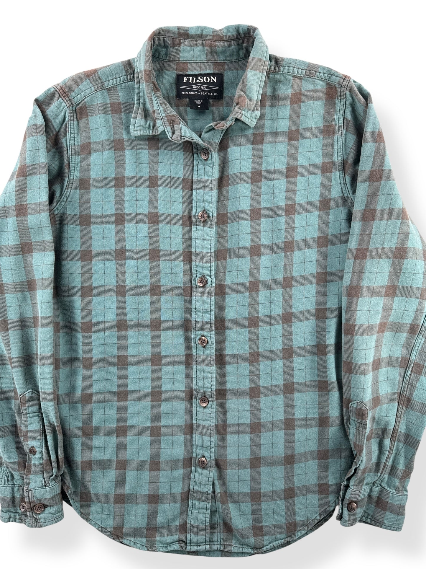 Front Close Up of Women's Filson Light Weight Alaskan Guide Shirt SZ M