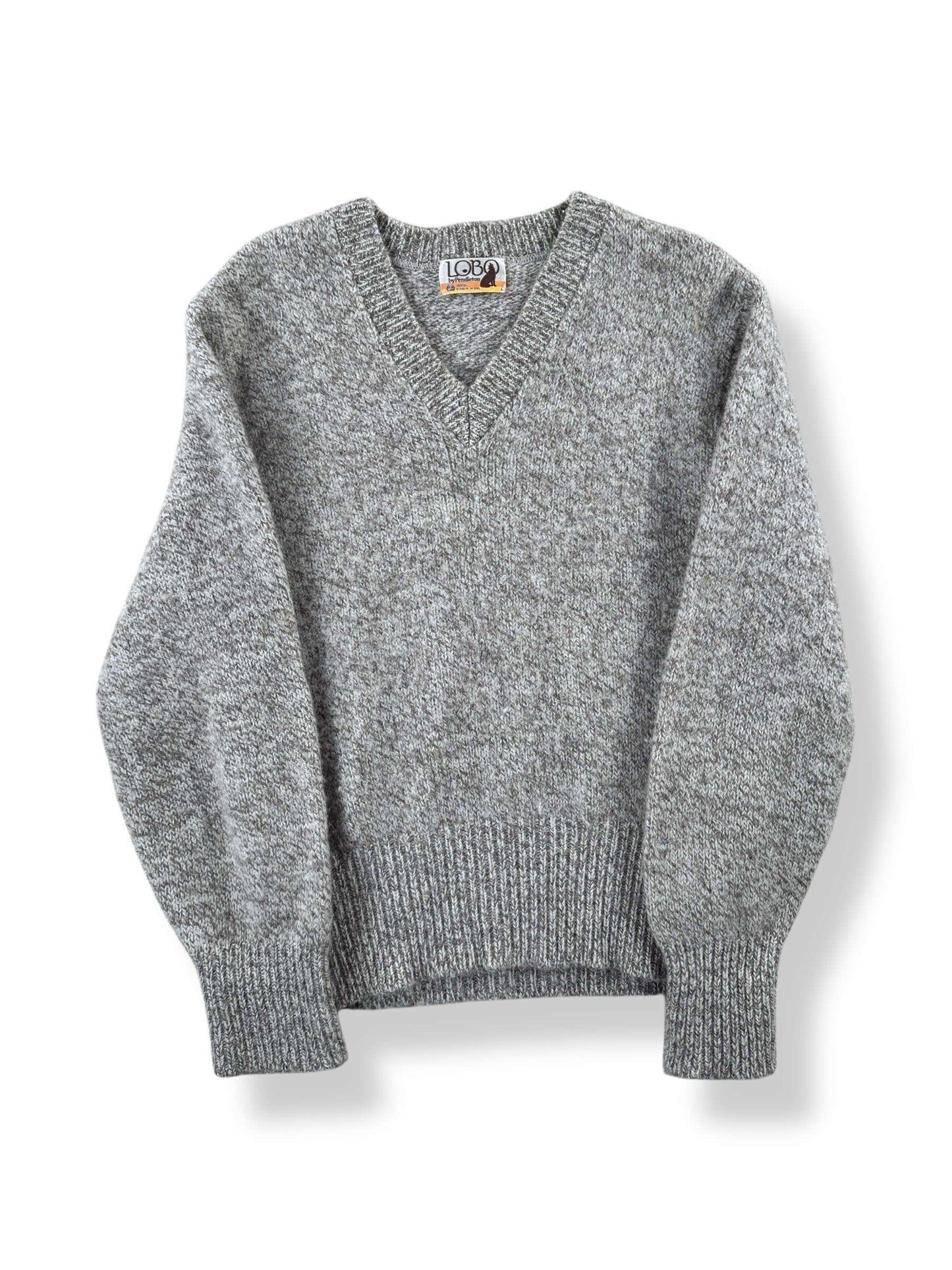 Front of Vintage Pendleton Lobo Oatmeal Knit V-Neck Sweater SZ L (Fits S)