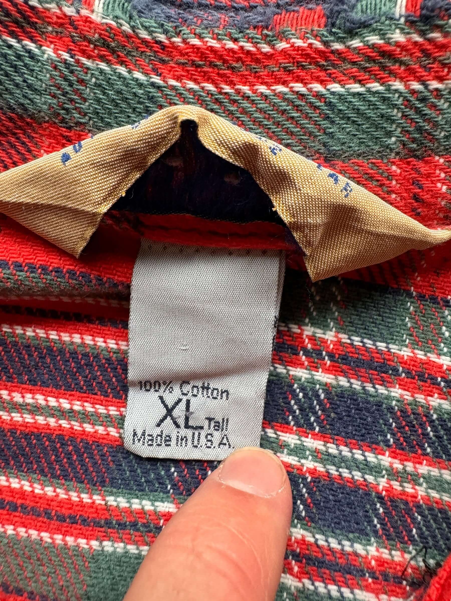 size tag on Vintage Big Mac Red Plaid Cotton Flannel SZ XL Tall