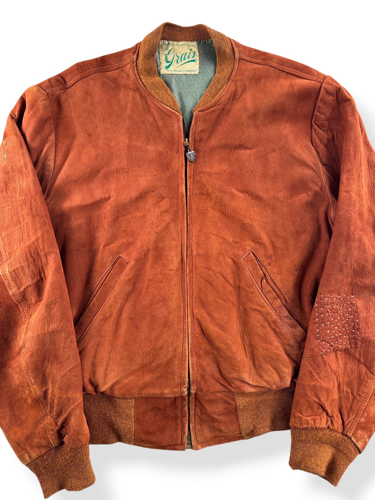 Front Close Up of Vintage Thrashy Grais Suede Bomber Jacket SZ L