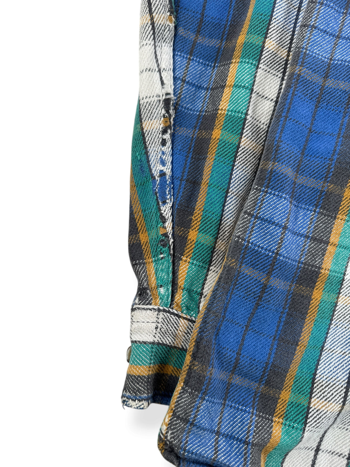 Ware on back of sleeve of Vintage 80s Thrashed Cotton Flannel SZ XL