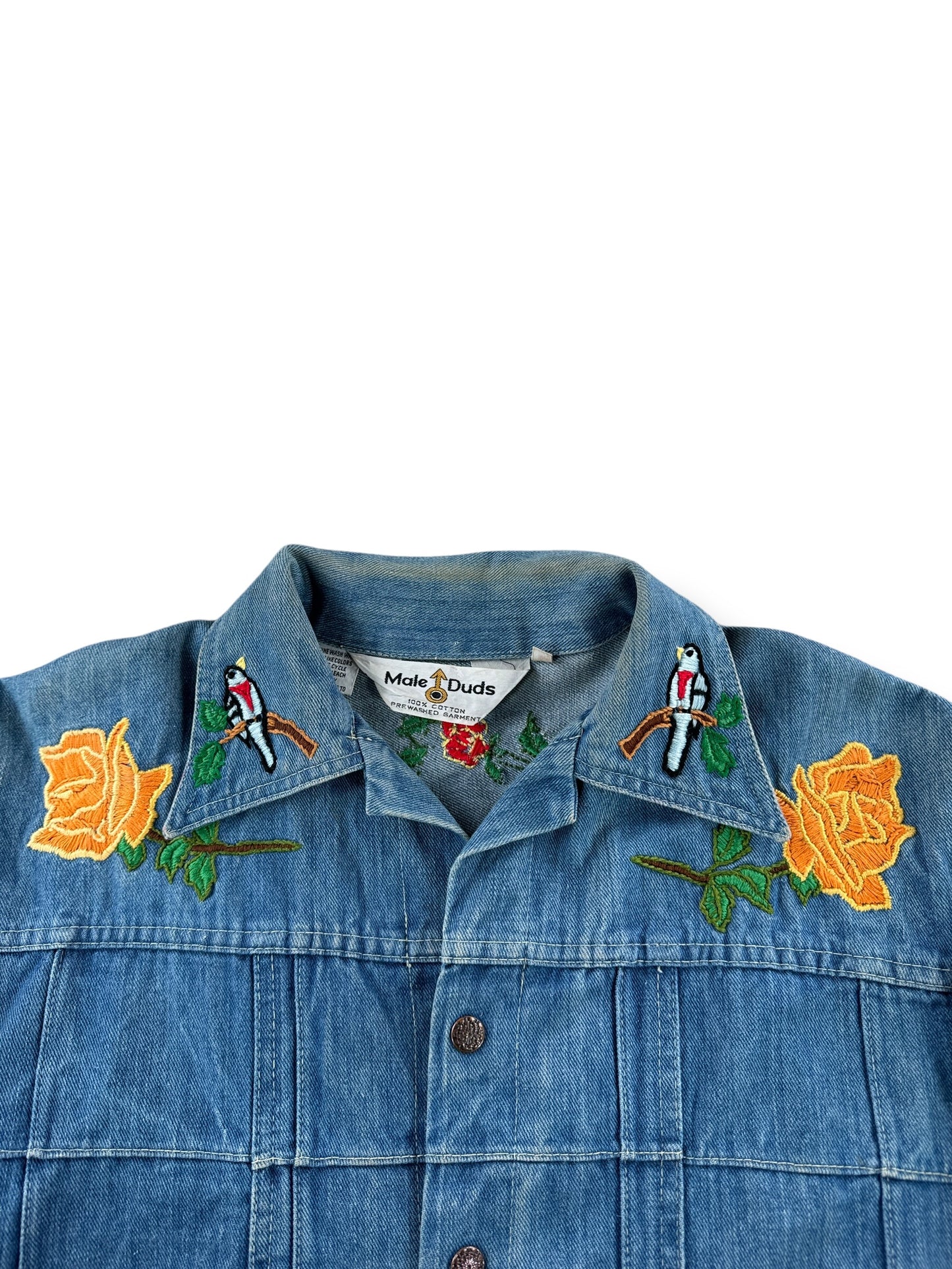 Collar on Vintage Male Duds Embroidered Denim Patchwork Jacket SZ L (Fits M)