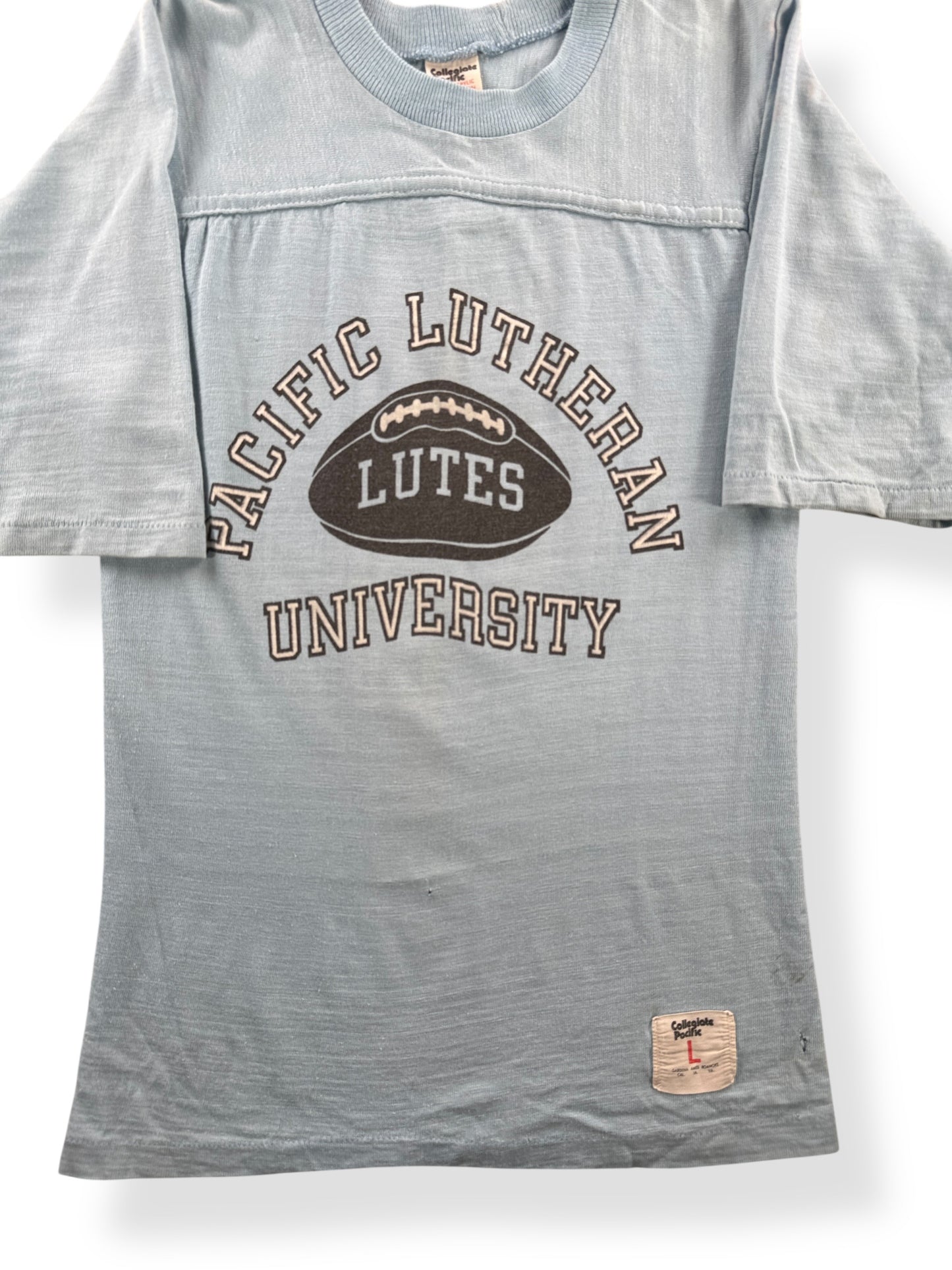 Front Close Up of Vintage Pacific Lutheran University Jersey Tee SZ XXS