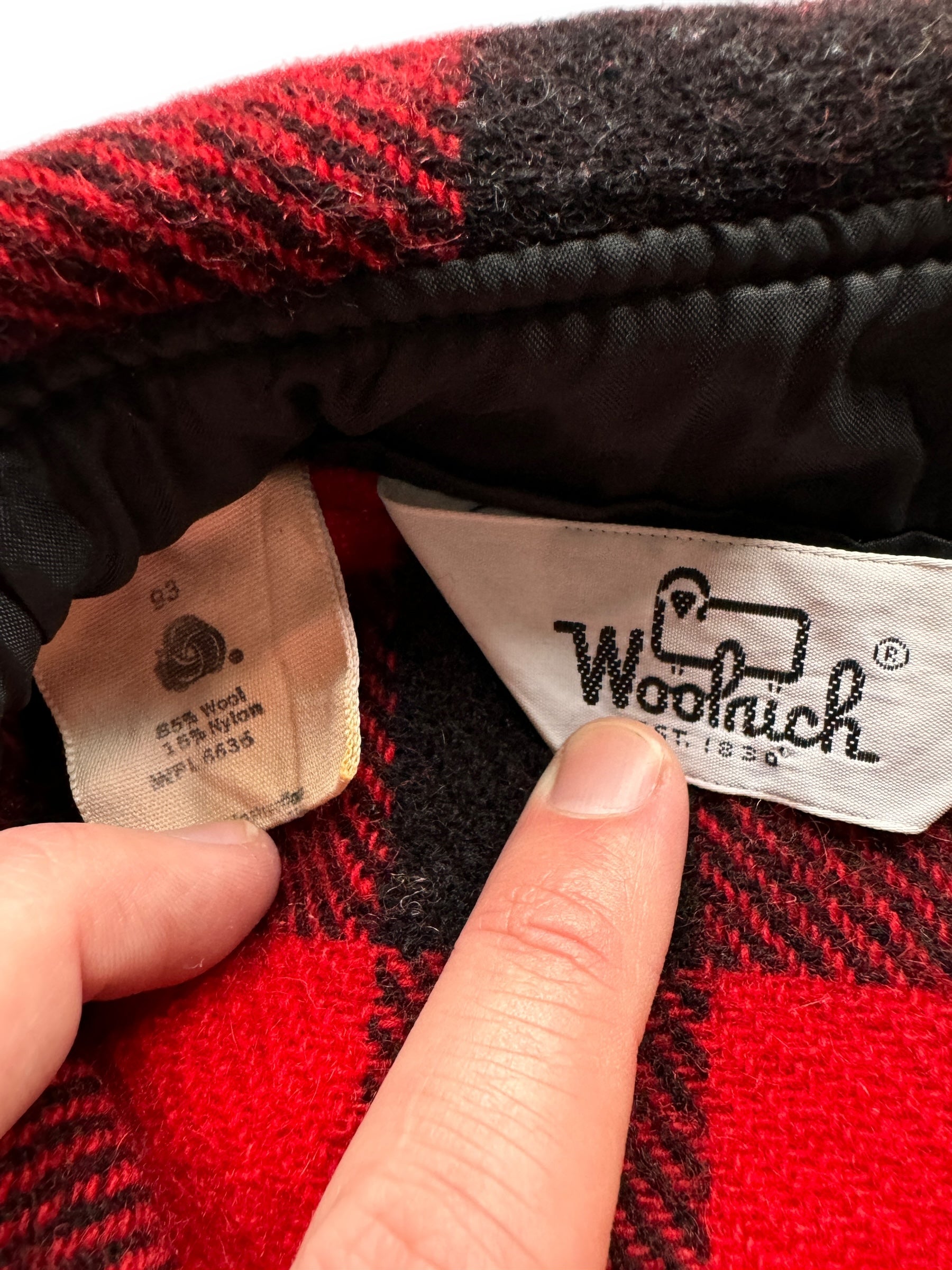 tag on Vintage Woolrich Buffalo Plaid Wool Flannel SZ S