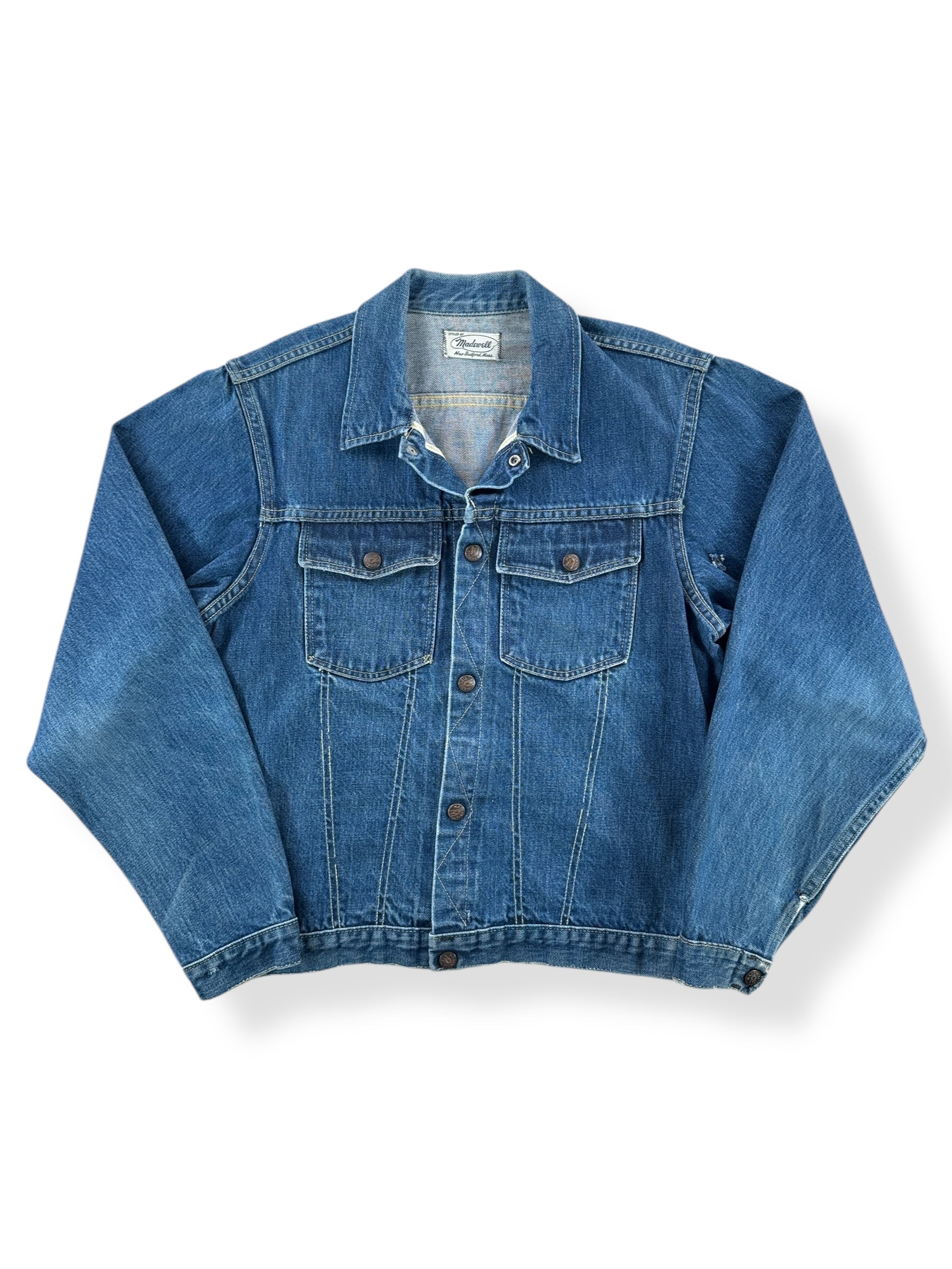 Front of Vintage Green Line Selvedge Madewell Denim Trucker Jacket SZ S