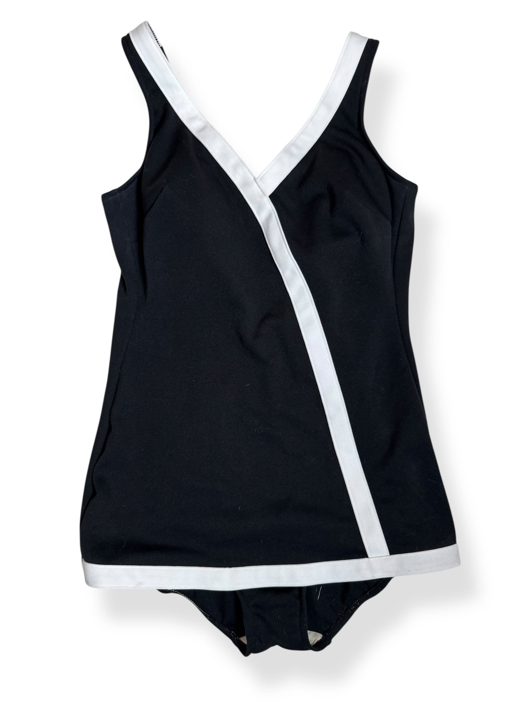 Front view of 1970s Black and White Carriage Court Piece Bathing Suit L