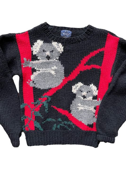 Full front view of Vintage 1980s Woolrich Koala Sweater SZ M| Barn Owl Sweaters | Seattle Vintage