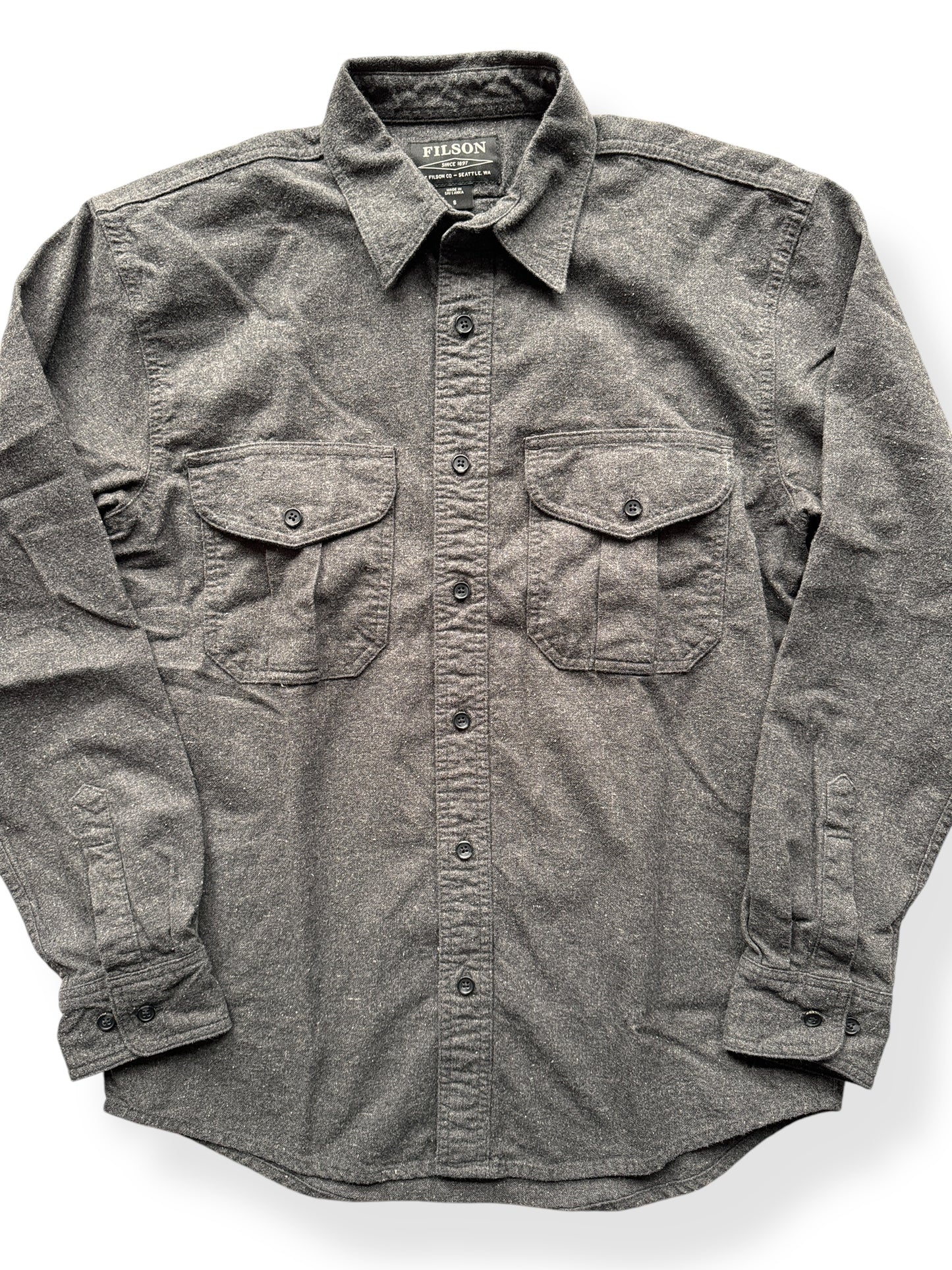 Front Close Up of Filson Dark Heather Grey Alaskan Guide Shirt SZ S