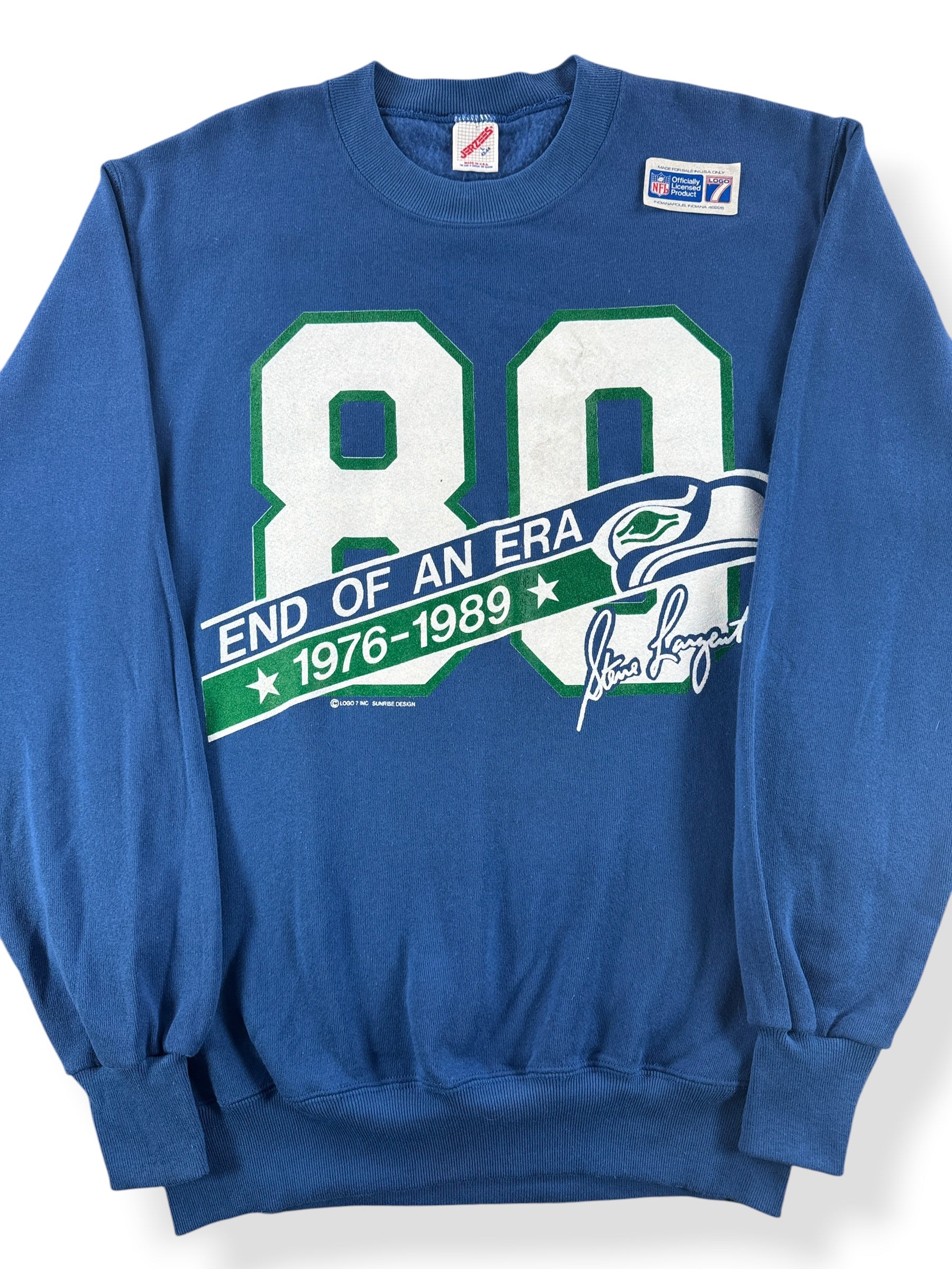 Front Close Up of Vintage NOS Seahawks Steve Largent #80 Crewneck SZ L (Fits M)