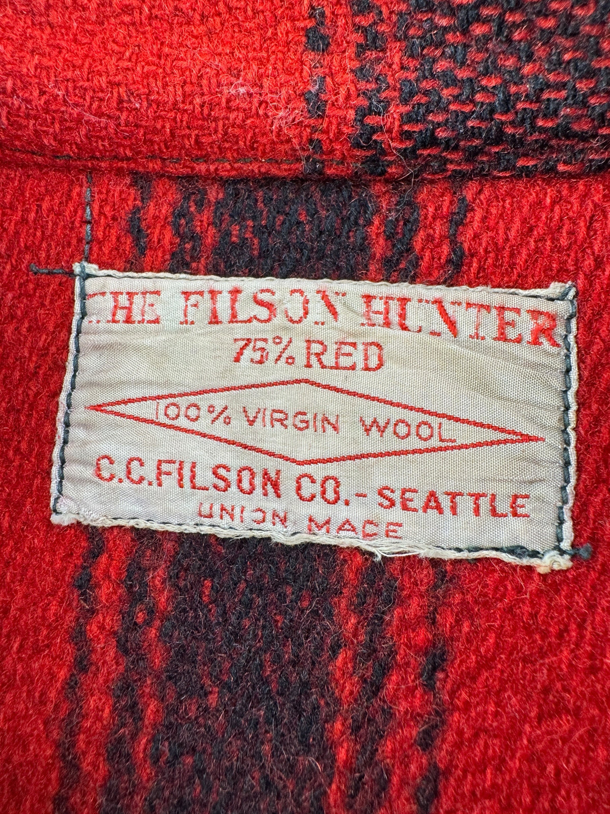 Label on Vintage 40s/50s Filson 75% Red Hunter Jacket SZ 38