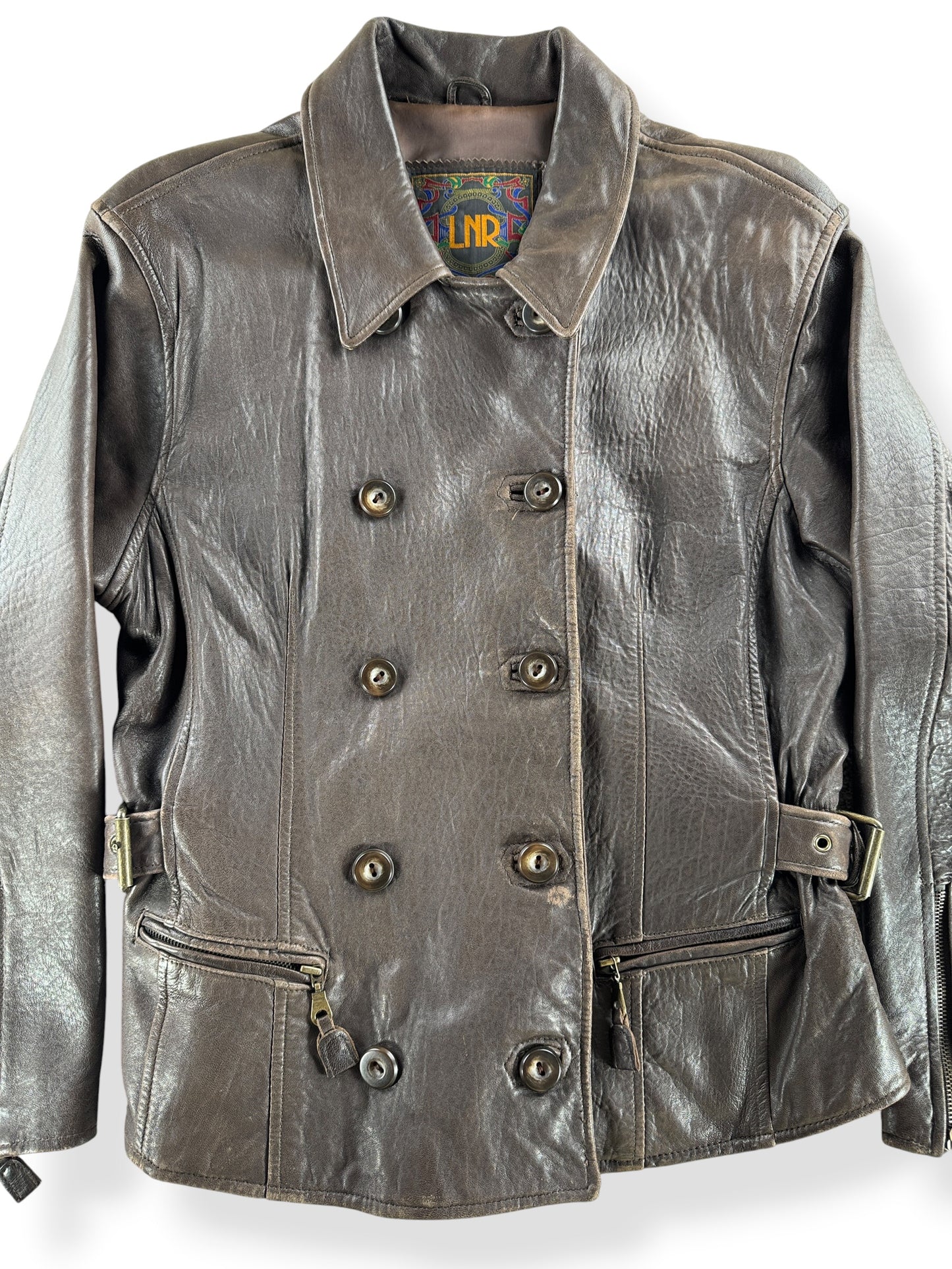 Close-up of Vintage 80s Double Breasted Leather Jacket SZ M