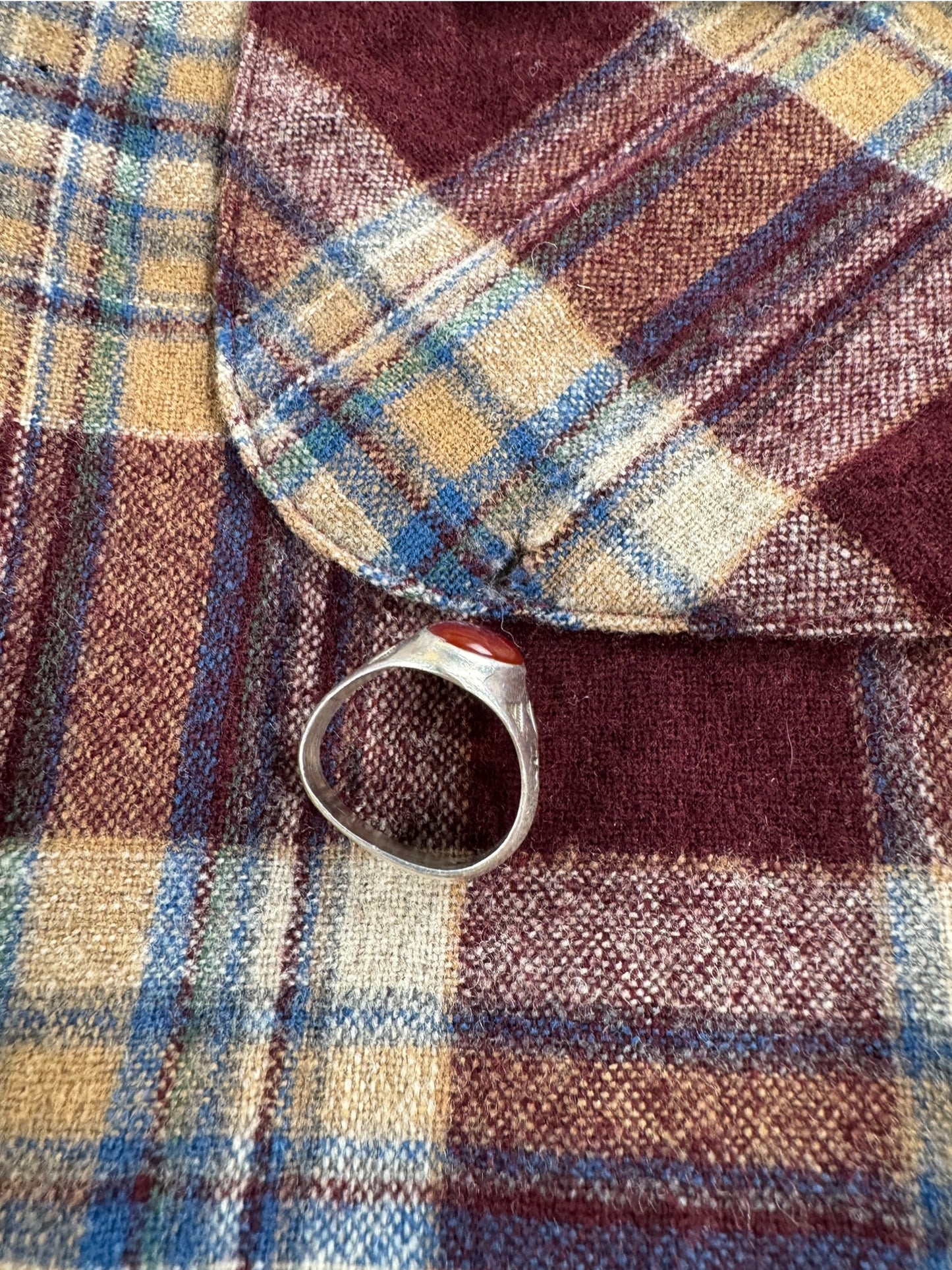 Small hole on pocket of Vintage Pendleton Burgundy Board Shirt SZ L