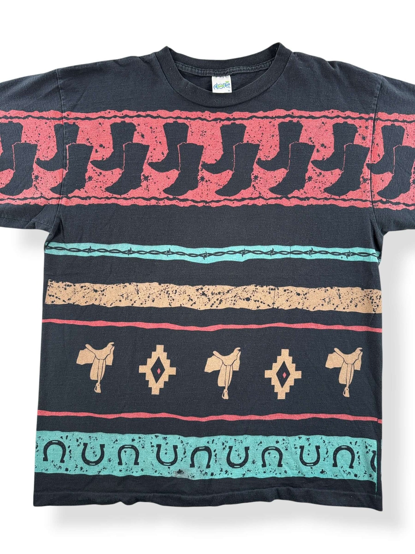 Front Close Up of Vintage AOP Cowboy Tee SZ XL