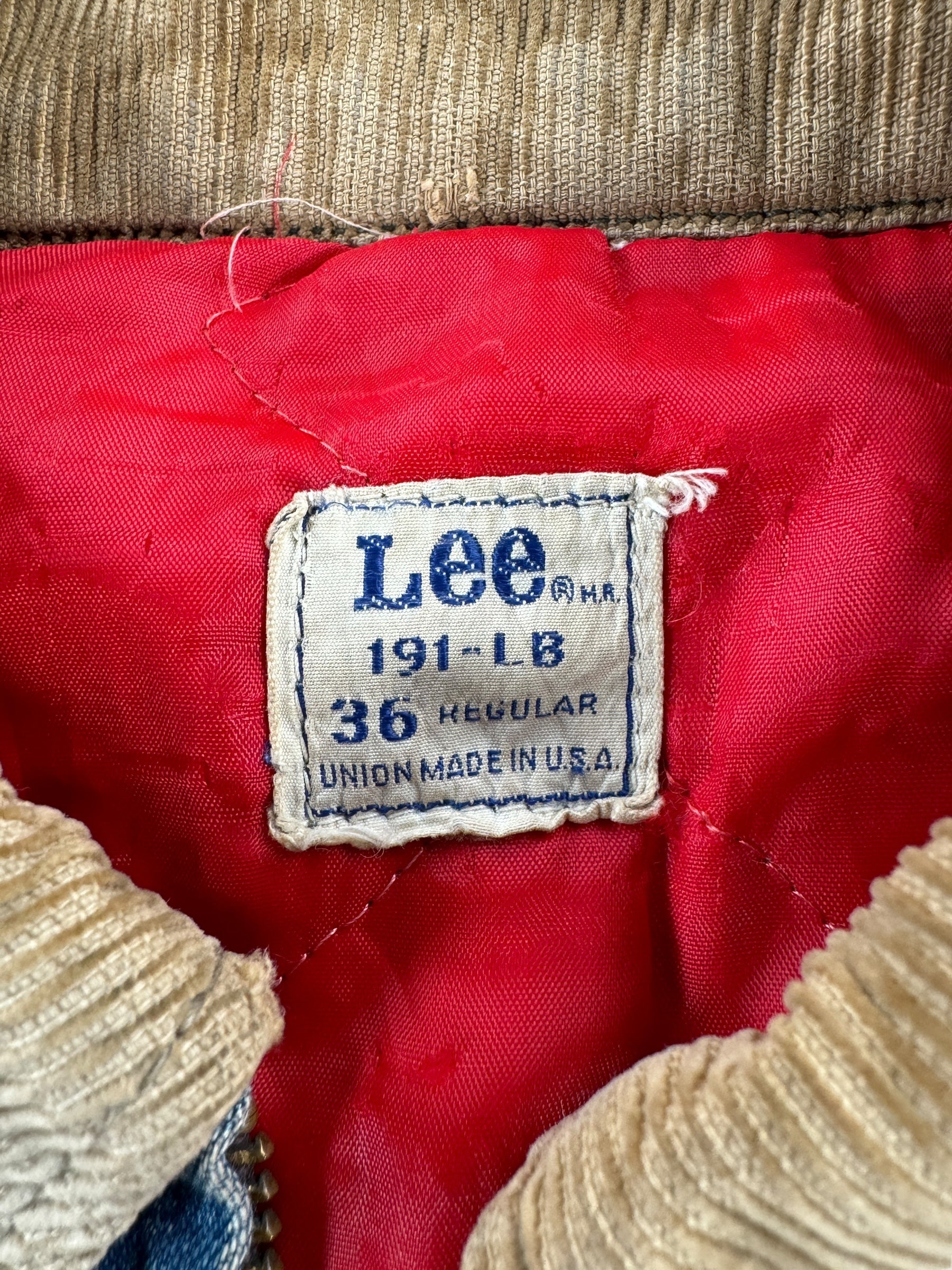 Label on Vintage Lee 191-LB Jacket SZ 36