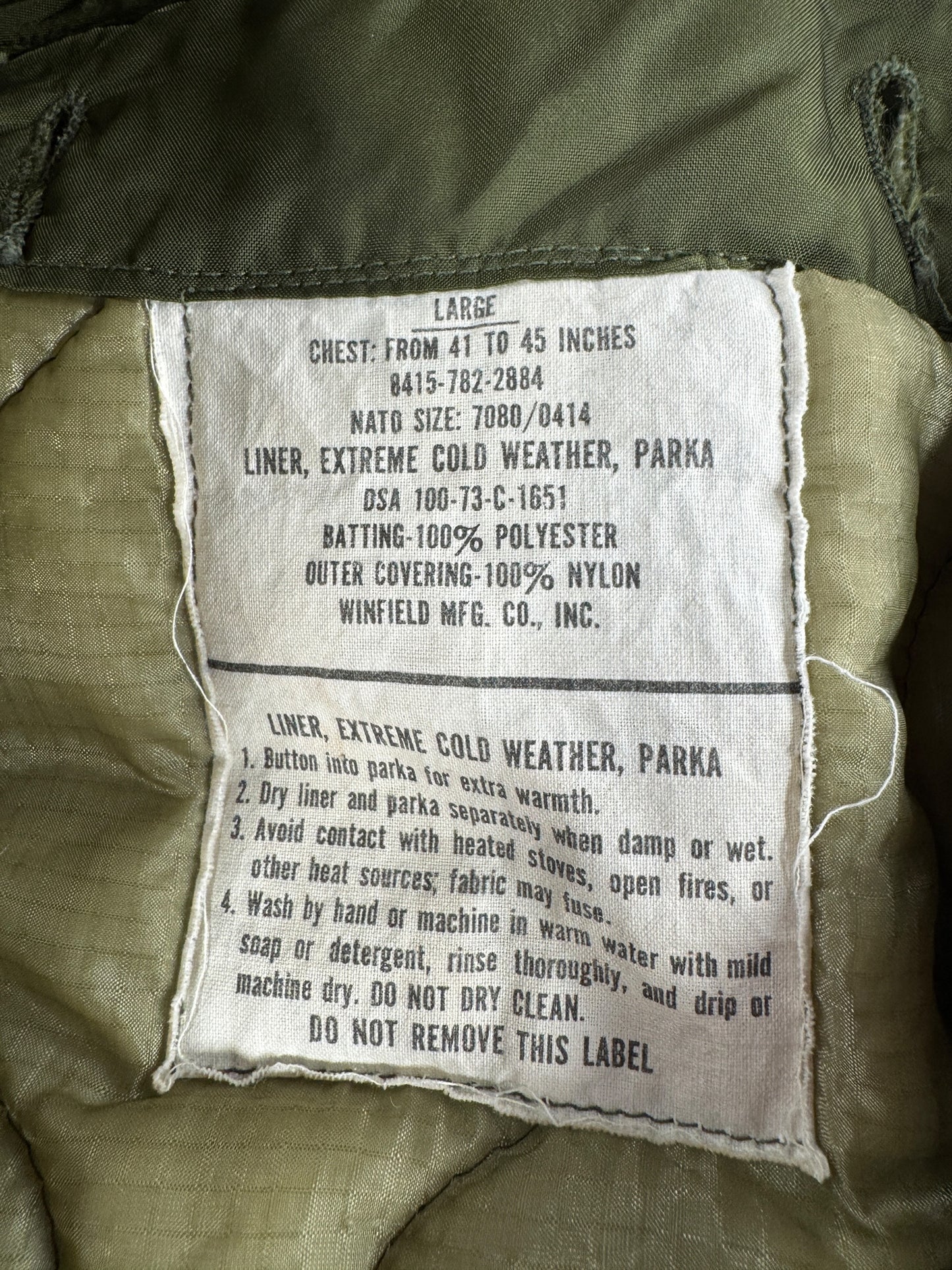 Label on Vintage M-65 Fishtail Parka w/ Liner & Hood SZ L