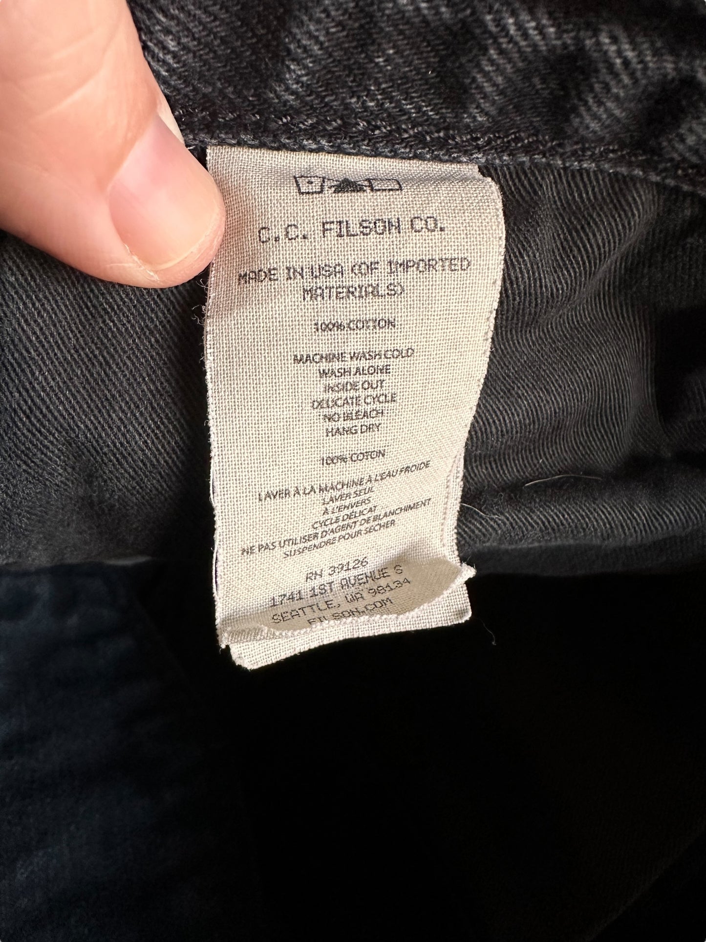 Production Tag on Black Filson Jeans W31 |  Filson Dungarees | Filson Workwear Seattle
