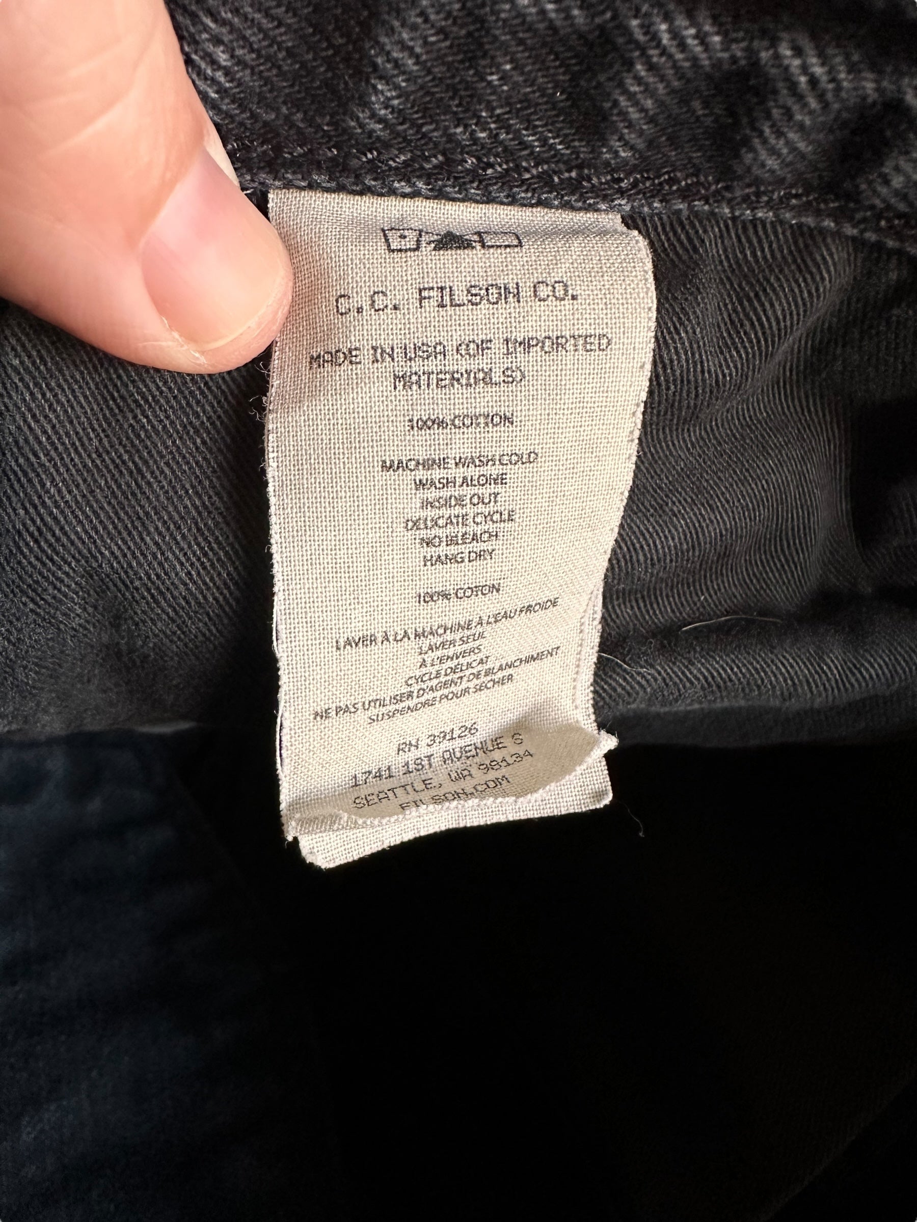 Production Tag on Black Filson Jeans W31 |  Filson Dungarees | Filson Workwear Seattle