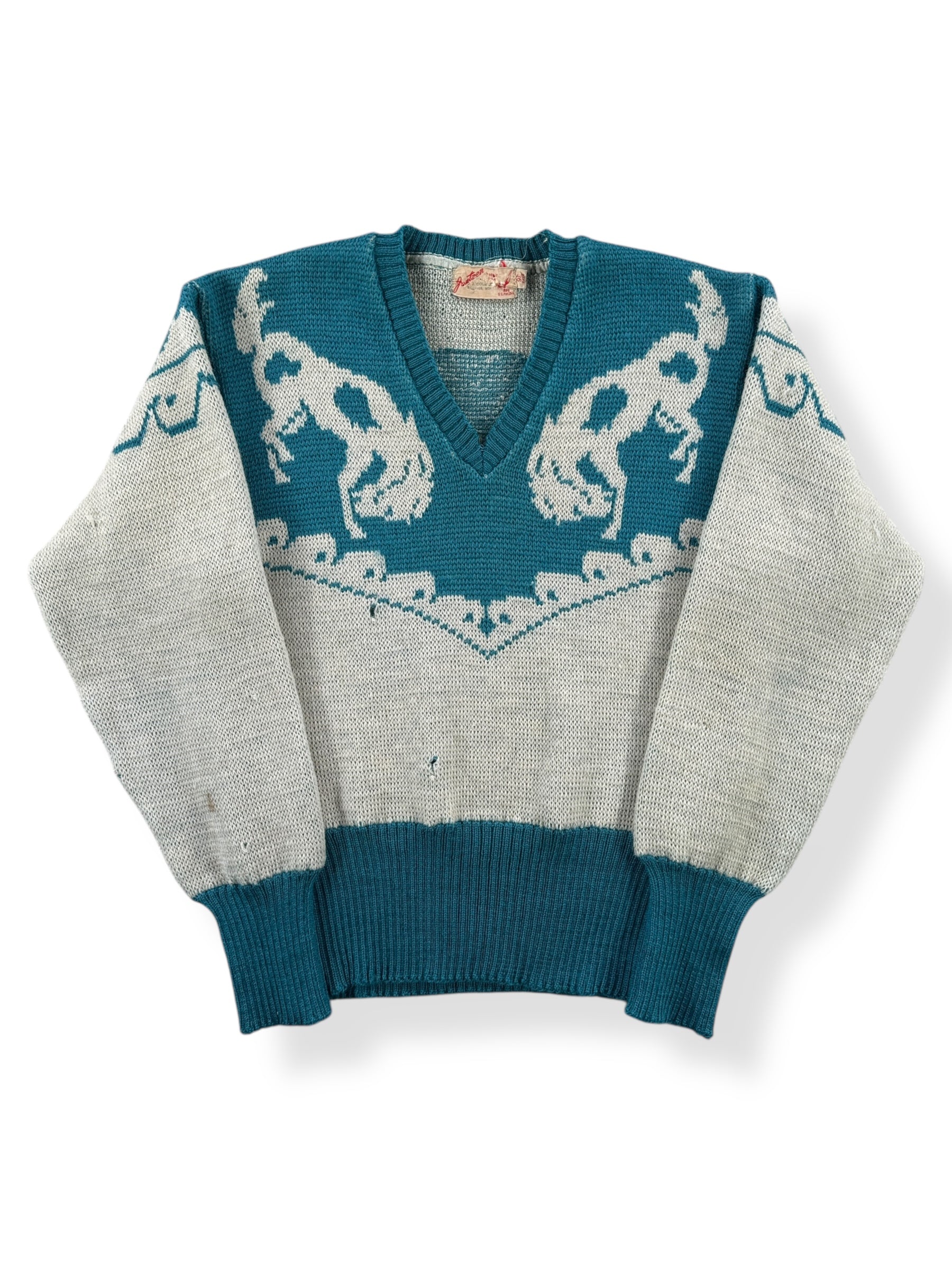 Front of Vintage 1940s Jantzen Let 'Em Buck Sweater SZ XS