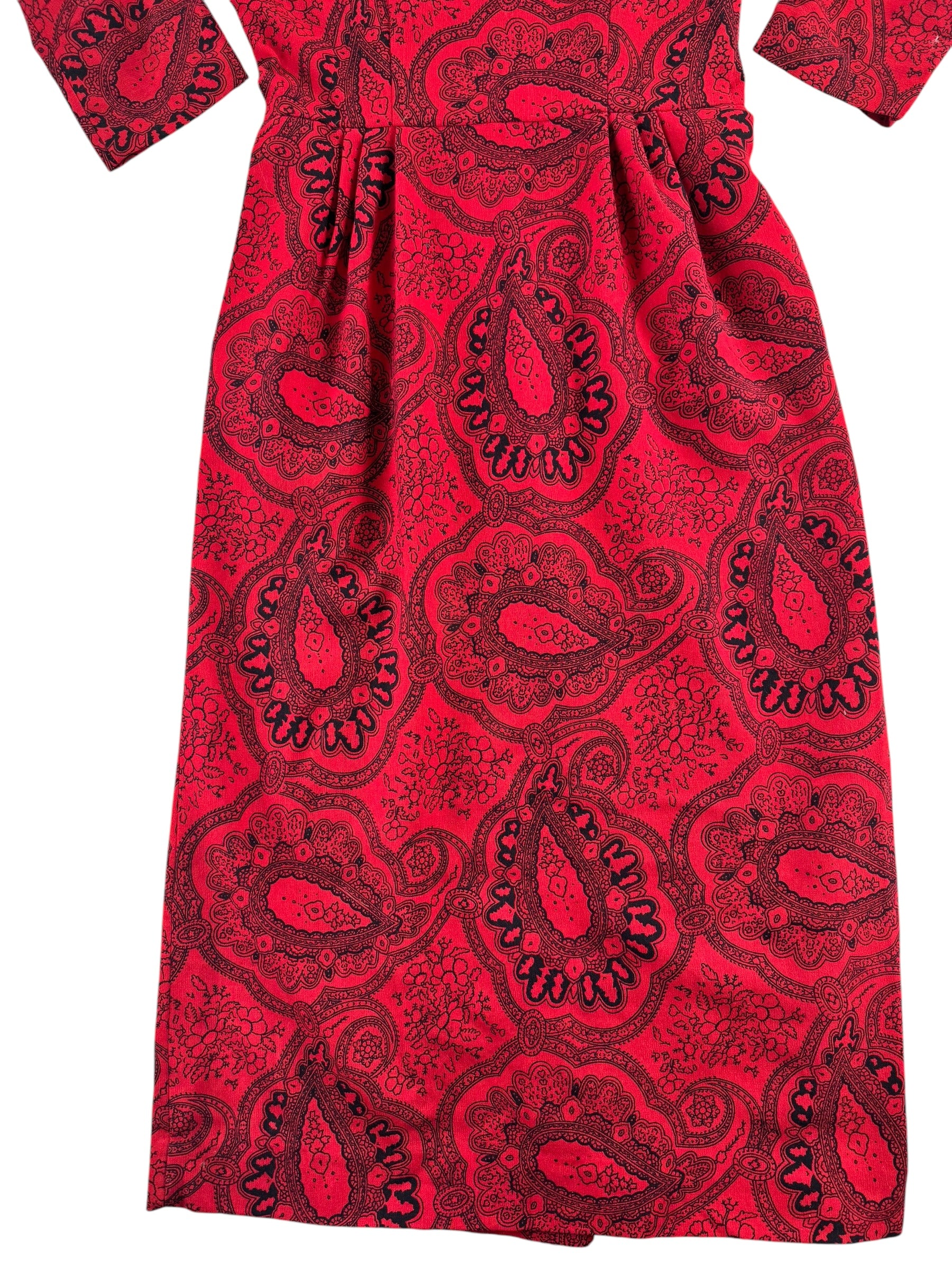 Front skirt view of 1950s Red Paisley Wiggle Dress M