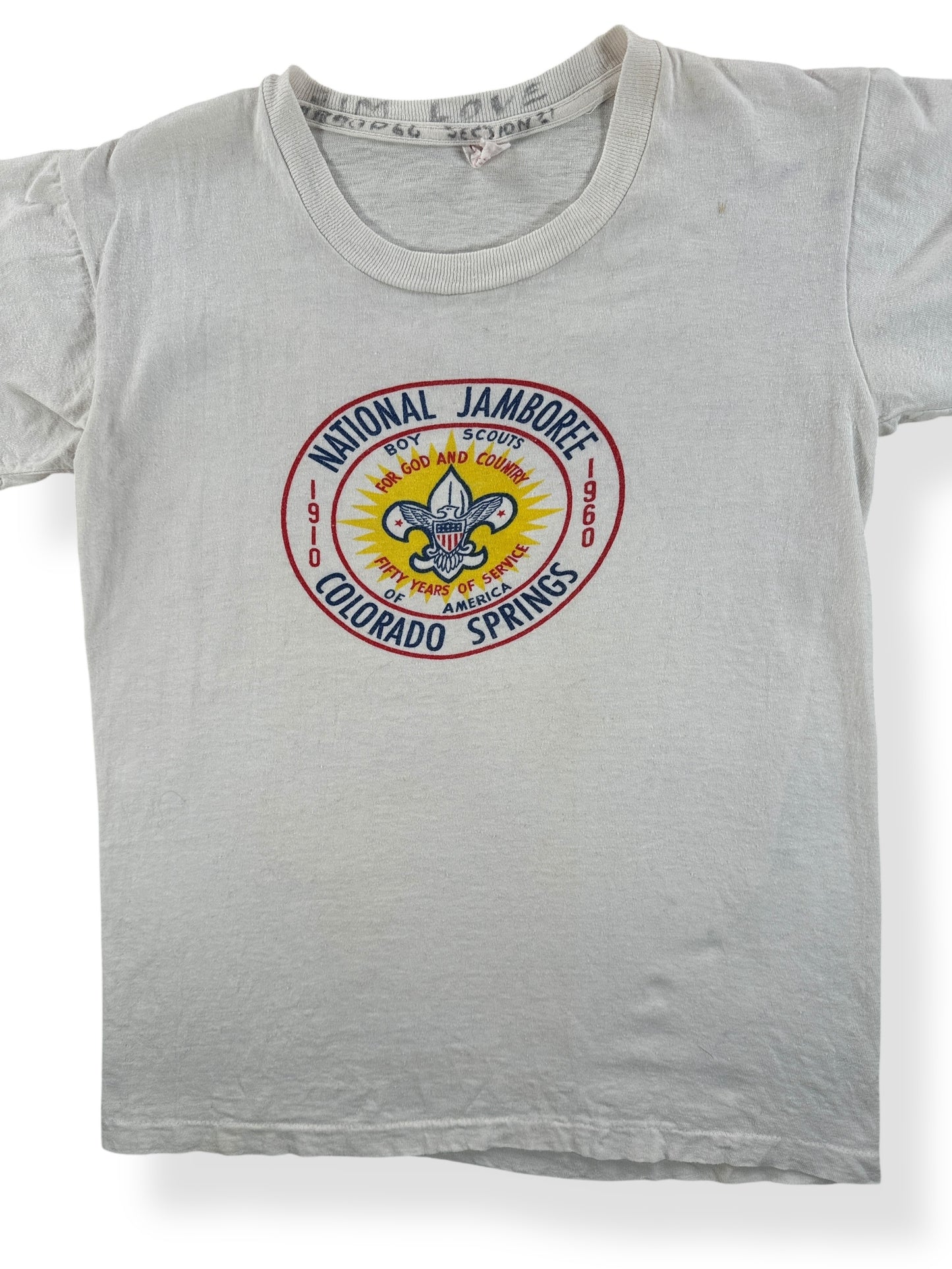 Front Close Up of Vintage 1960 Colorado Springs Boy Scout Jamboree Tee SZ S
