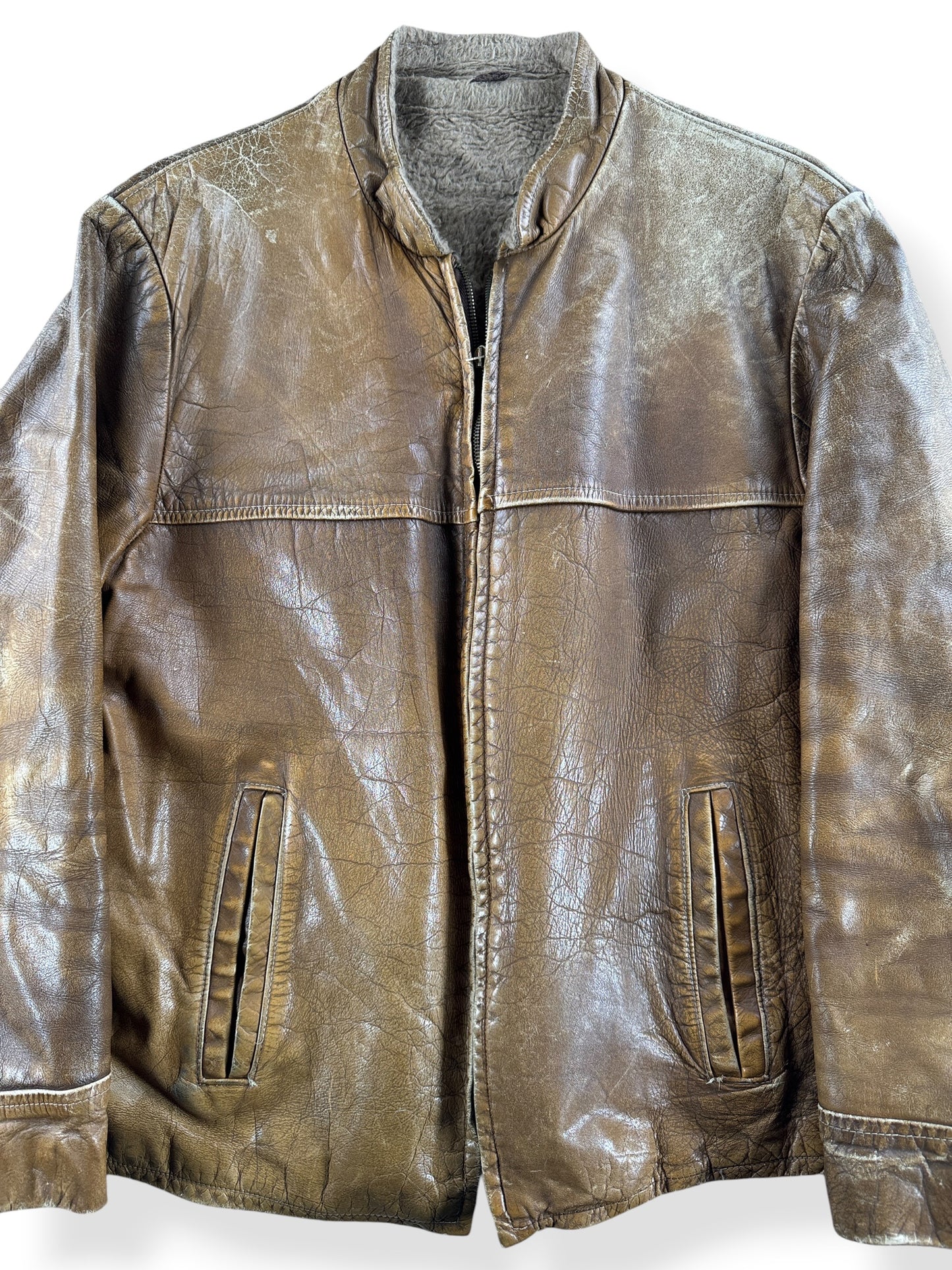 Close Up of Vintage Great Patina Lined Brown Cafe Racer Jacket SZ L
